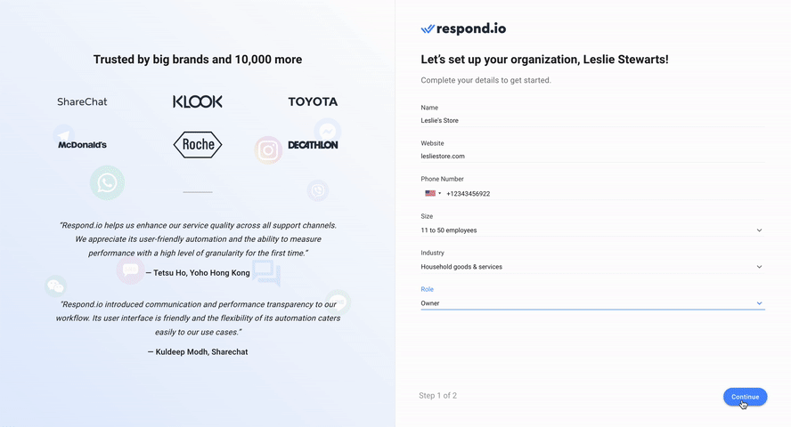 New users can view testimonials from respond.io clients in their region and access a relevant channel guide