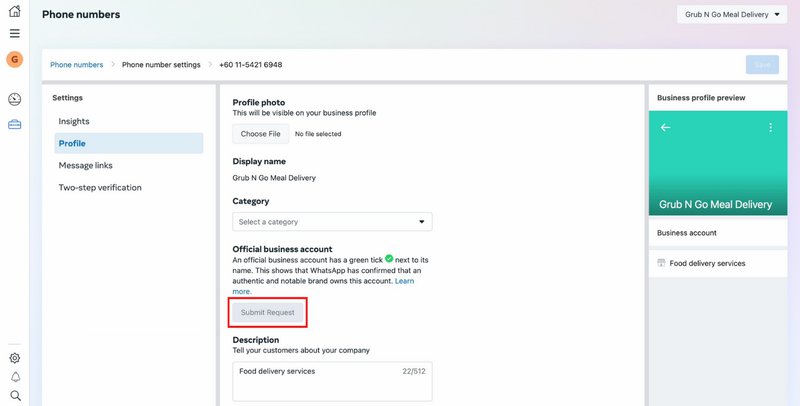 Third step to get the WhatsApp Blue Tick: Submit the request