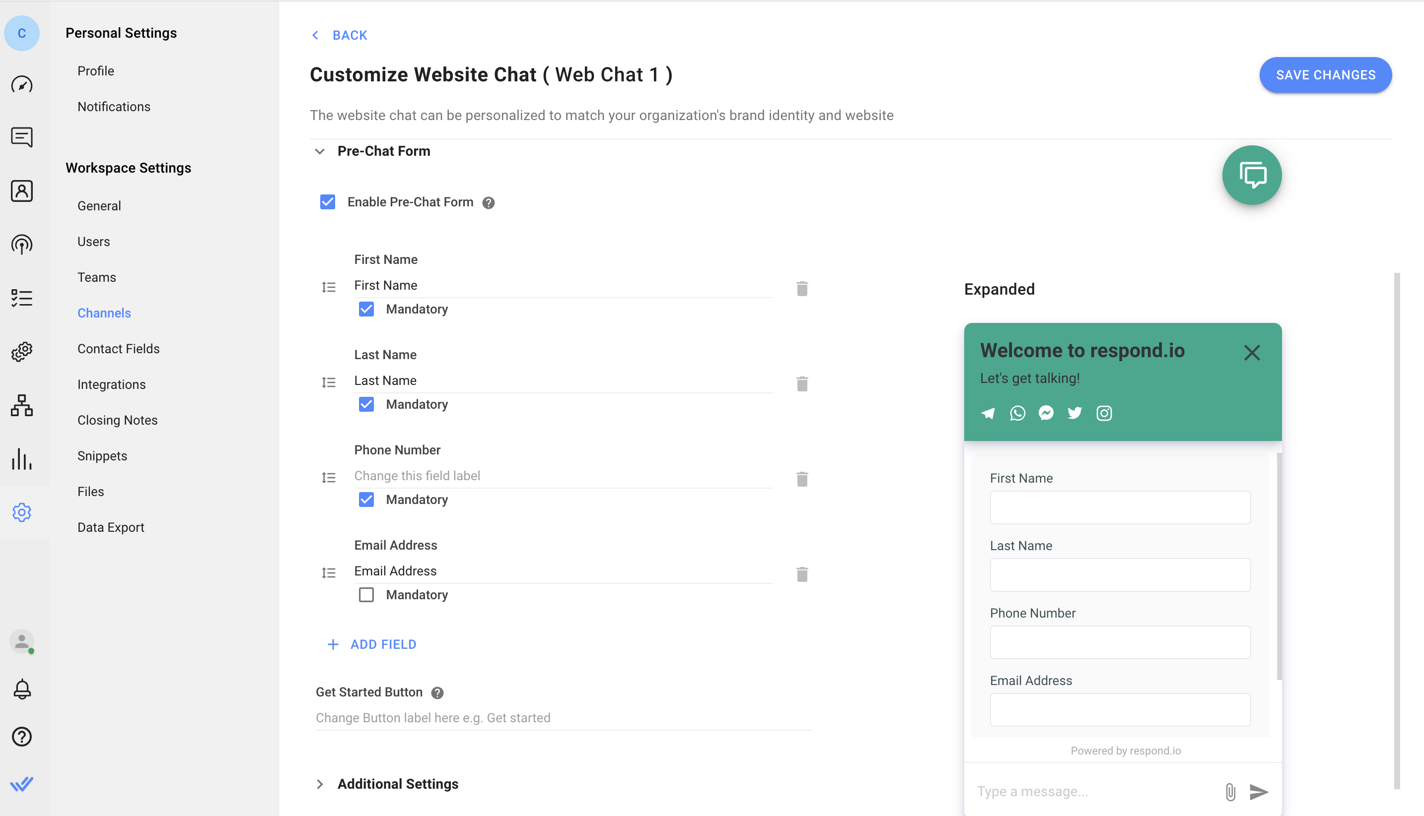 This is an image showing how businesses can collect Contact details such as phone numbers and email addresses upfront through a pre-chat form with mandatory contact fields on their web chat widget. This will help them to build complete Contact profiles and avoid duplicate profiles going unnoticed, as well as chat with Contacts after messaging windows have closed.