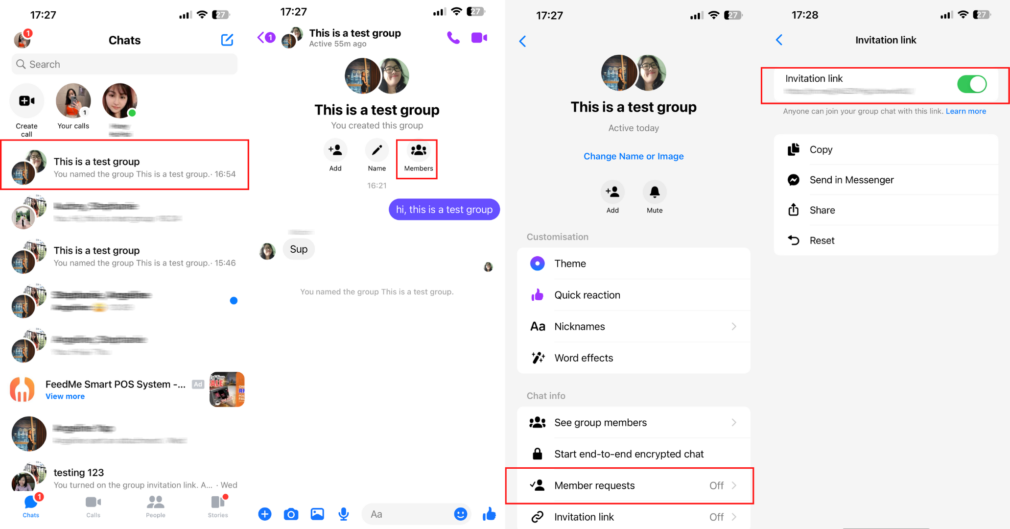 This is an image that describes how to generate invitation link for your group chat. Open the group conversation, click on the name of your group chat, click invitation link and finally turn the toggle on.