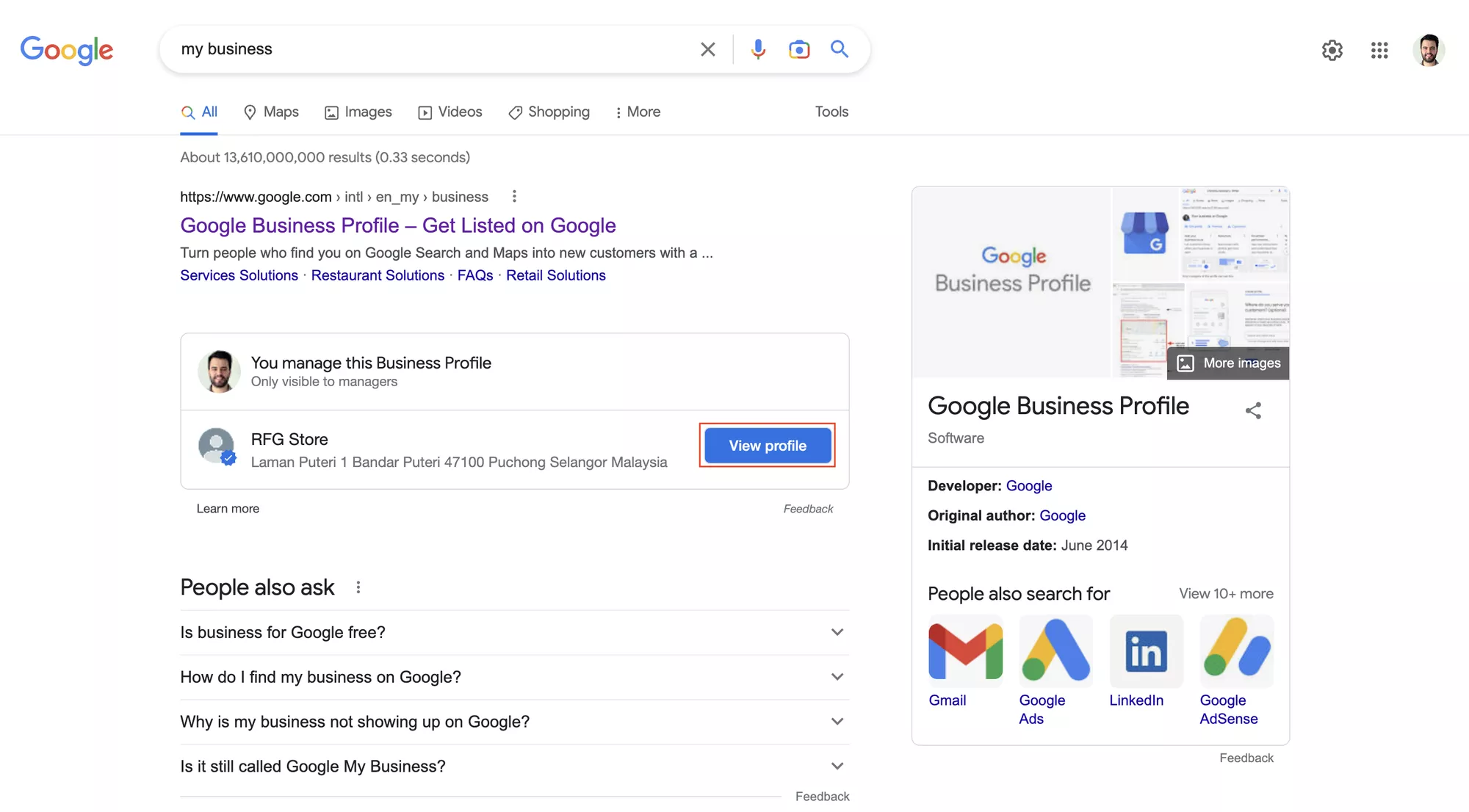 This image shows the first step to add Google Business Profile chat. Start by searching for your Business Profile on Google and click View profile