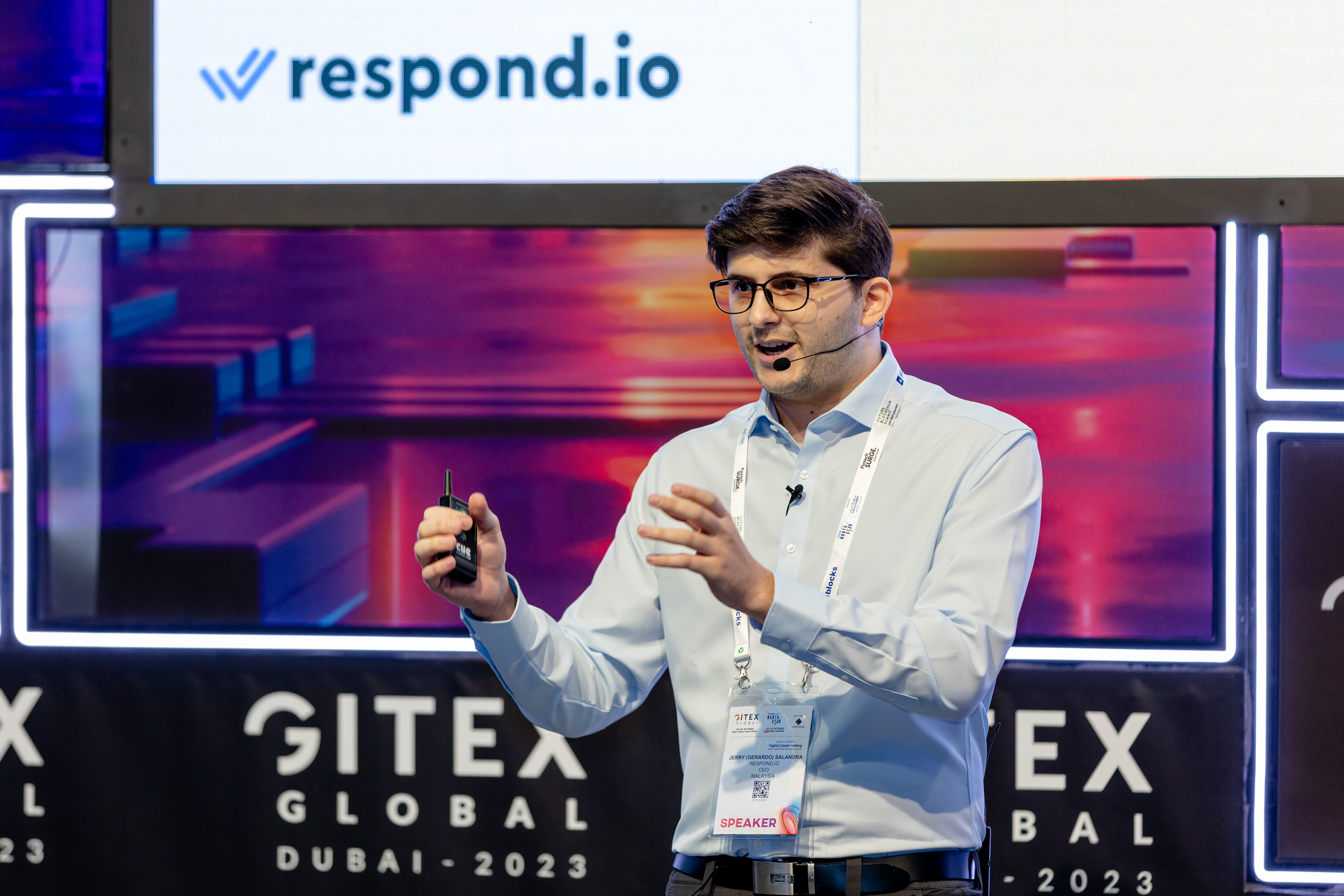 Respond.io CEO Gerardo Salandra sharing his insights on Conversational AI: How GenAI and LLM are Redefining the Landscape of Global Business Conversations at GITEX Global 2023.