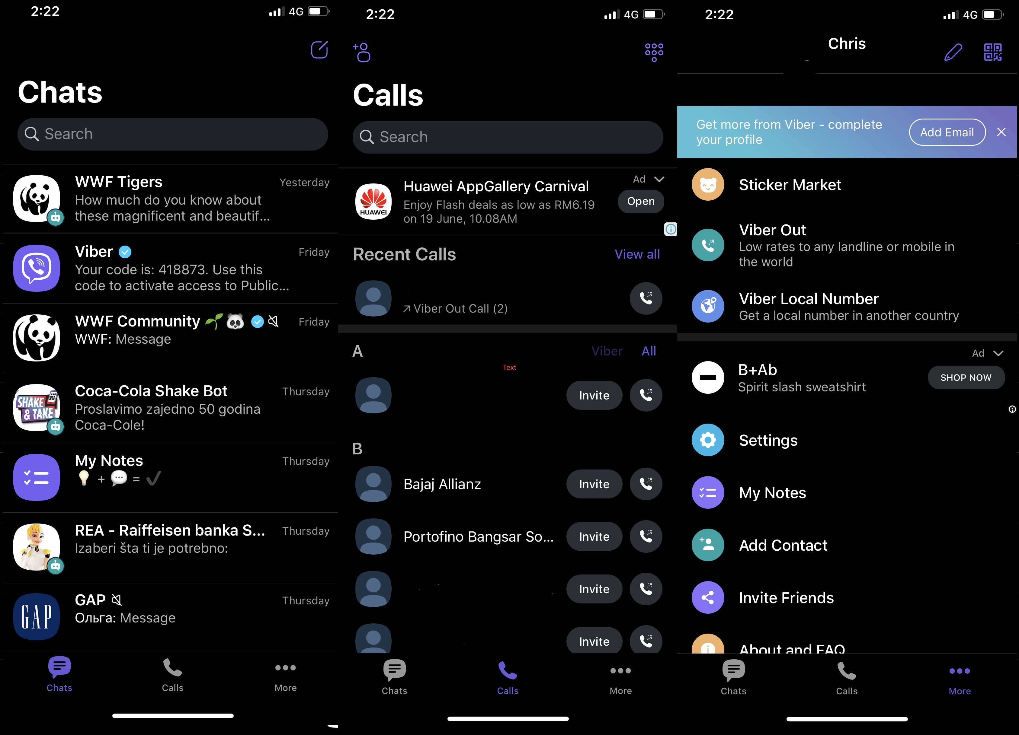 There are three main panels in the Viber app. The Chats panel contains conversations with contacts, Viber Bots, and Viber Communities. Like Facebook Messenger, ads will occasionally be shown in the chats list.