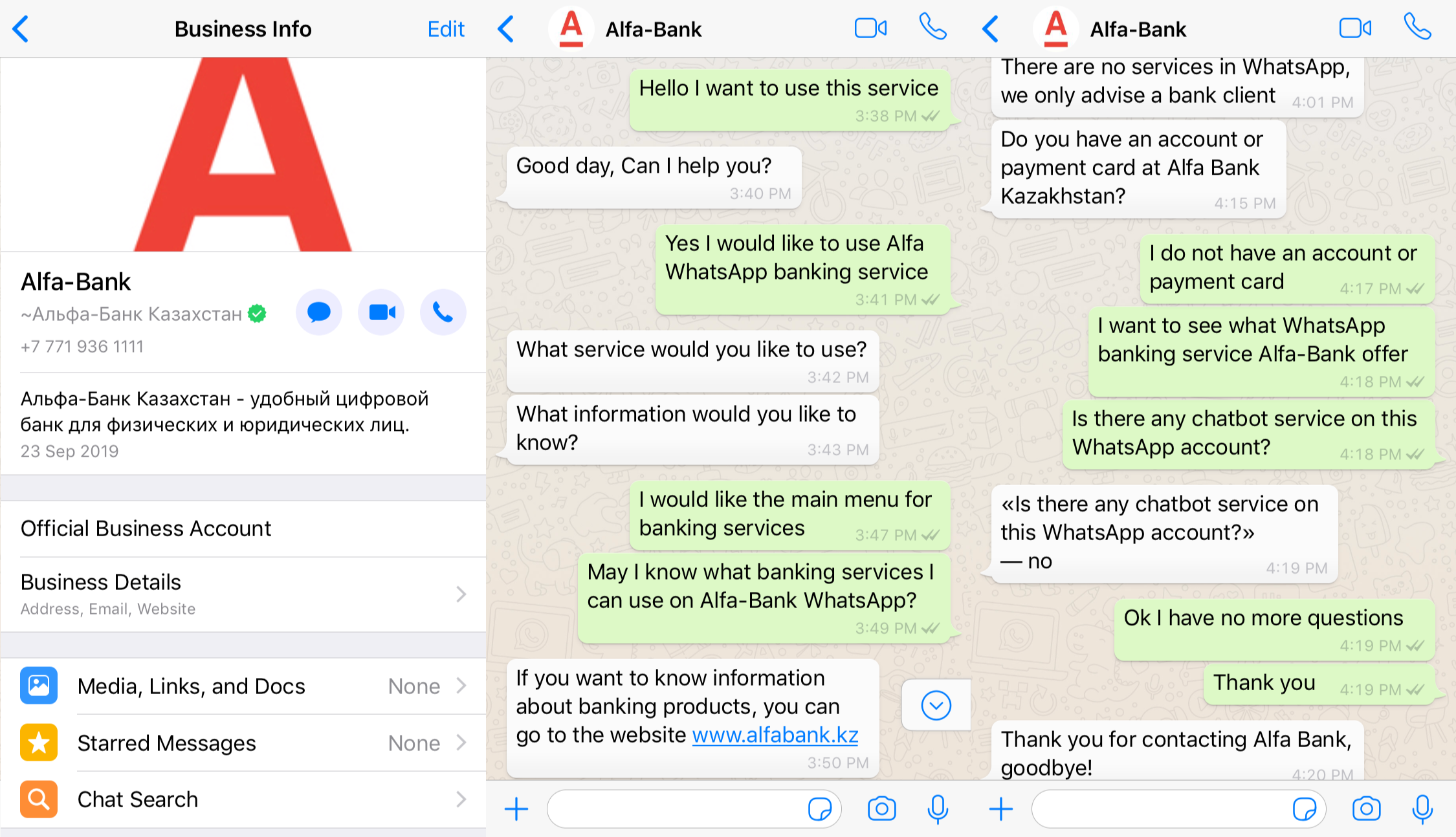 This is an image that shows how Alfa-bank offers Customer Support WhatsApp. To speak to a human representative, simply add Alfa-Bank's WhatsApp number to your contact list and send the first message to start using WhatsApp for customer service. 