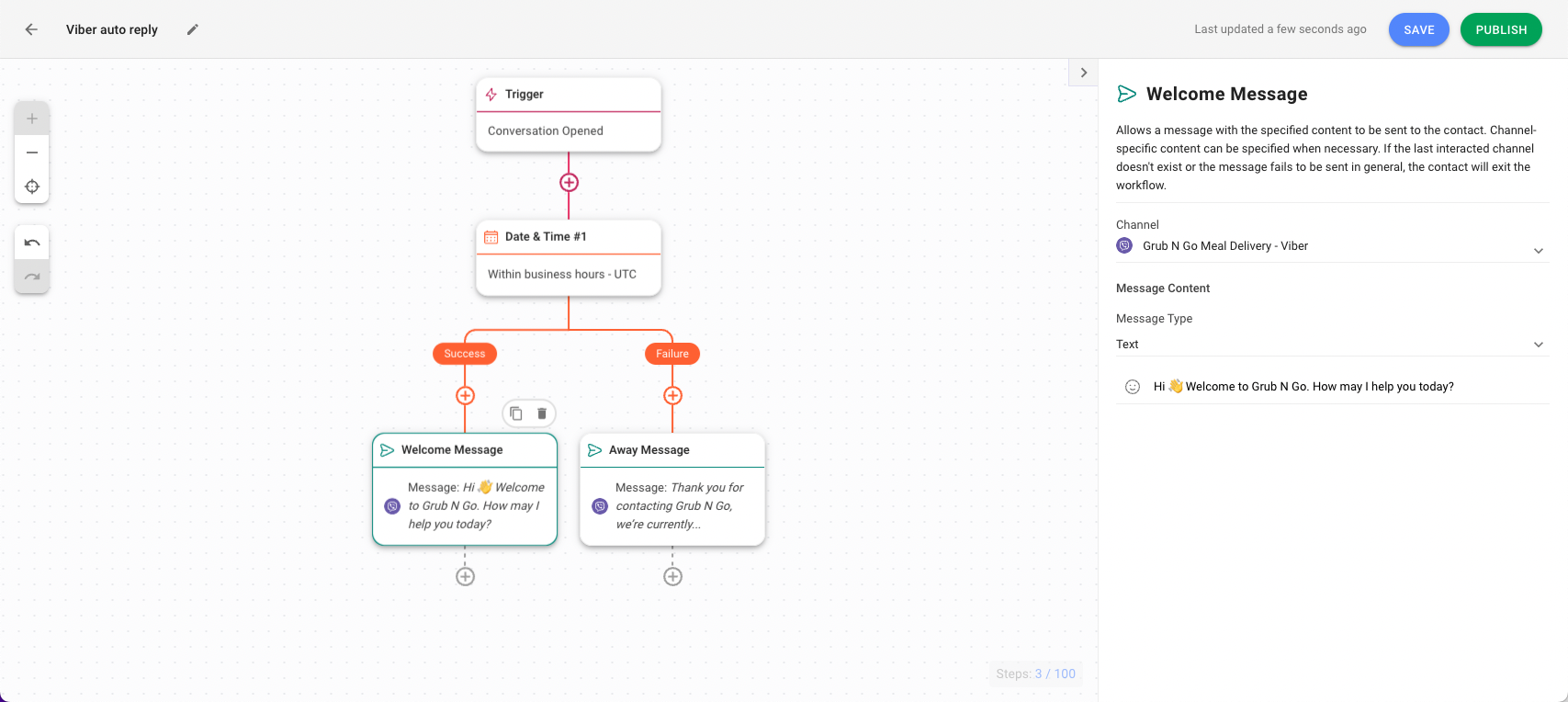 This is a screenshot that describes the fifth step of setting viber auto reply bot. Now, it's time to draft your messages for both welcome message and away message.