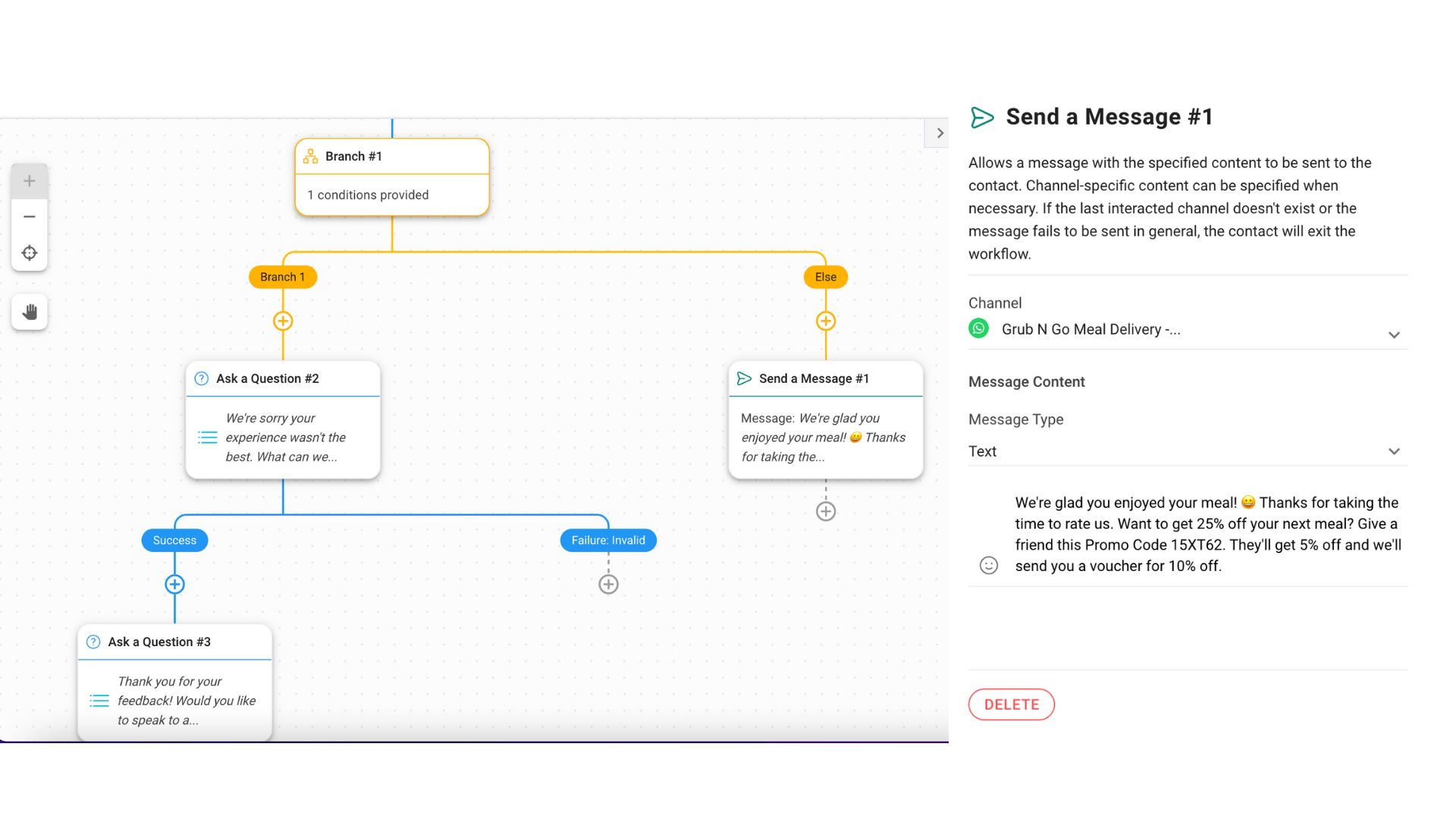 Screenshot of using respond.io workflow tools for WhatsApp marketing. Satisfied customers can help with your WhatsApp outreach by sending a promo code to their friends. 