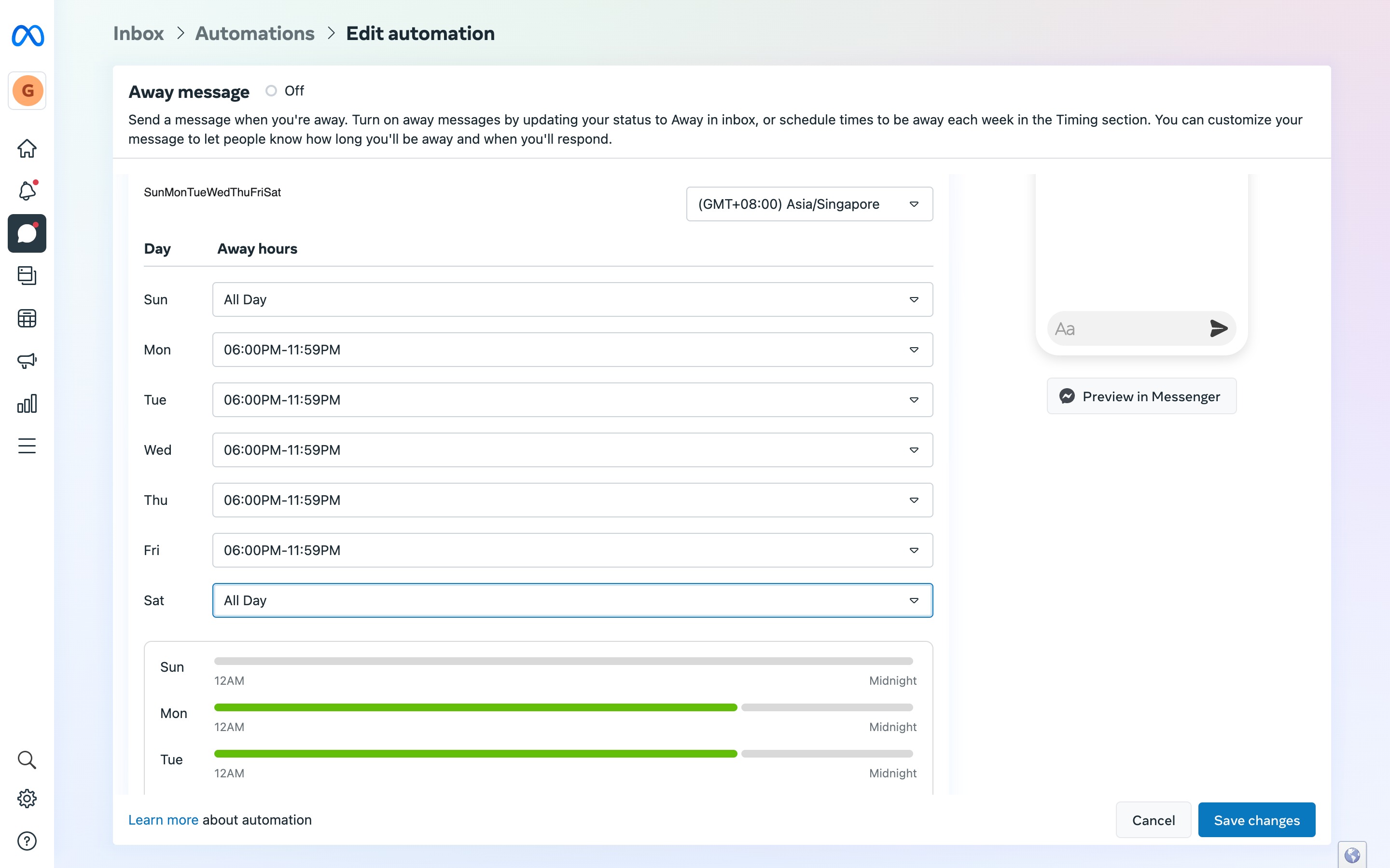 This is an image that shows how set Up an Instant Reply in Facebook Page Inbox. To do so, schedule times to be away each week in the Timing section.