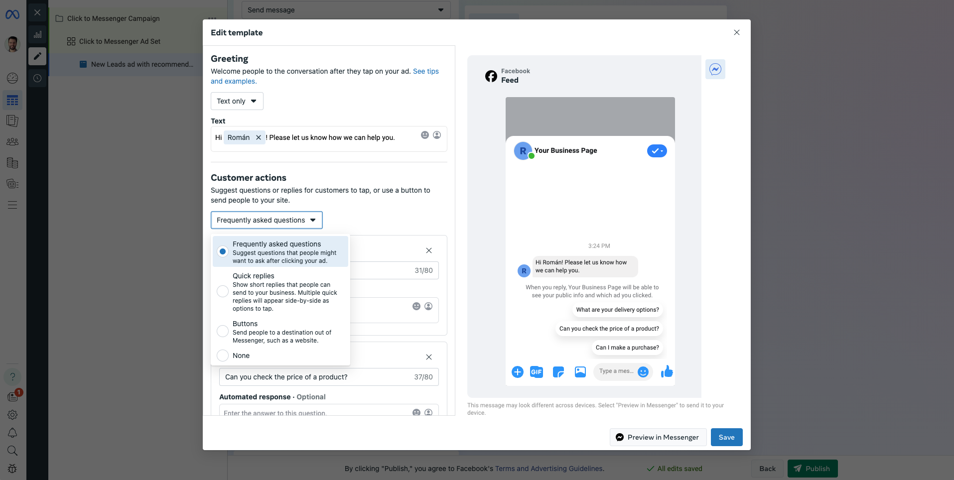 Facebook ads on Messenger: Create a template