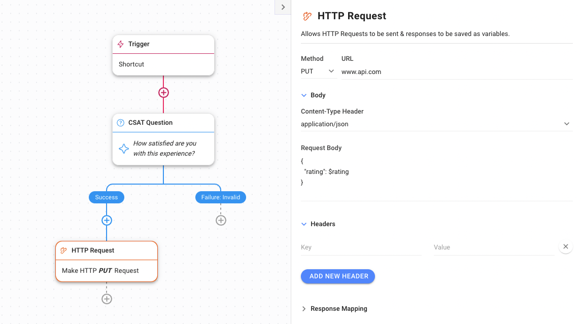 Submit customer satisfaction ratings to a CRM with an HTTP Request Step