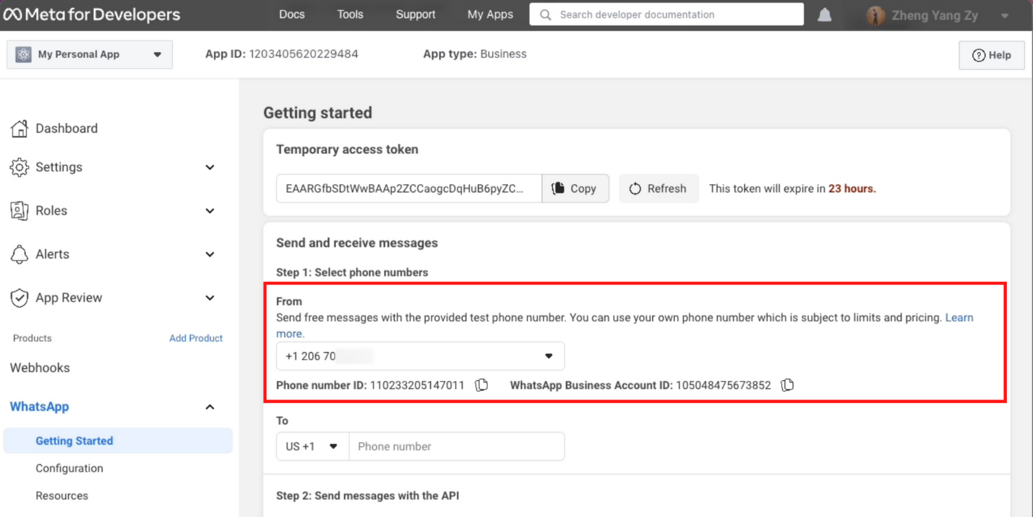 The number you’ve added will be shown in the Send and receive messages section. You have connected your phone number with your WhatsApp Cloud API account! Now that you've set up WhatsApp Cloud API on your Facebook Developer Account, you need to connect it to a messaging inbox like respond.io to start sending and receiving messages.