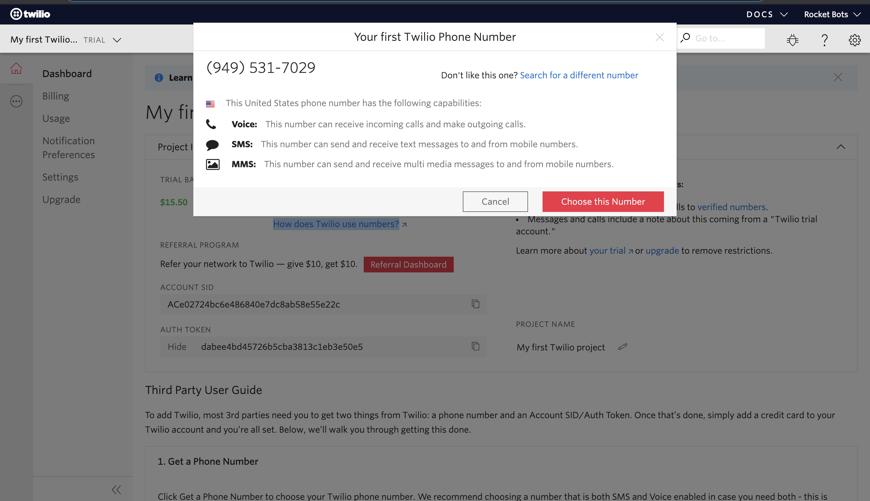 Getting a Twilio Number: Click the Get a Trial Number Button