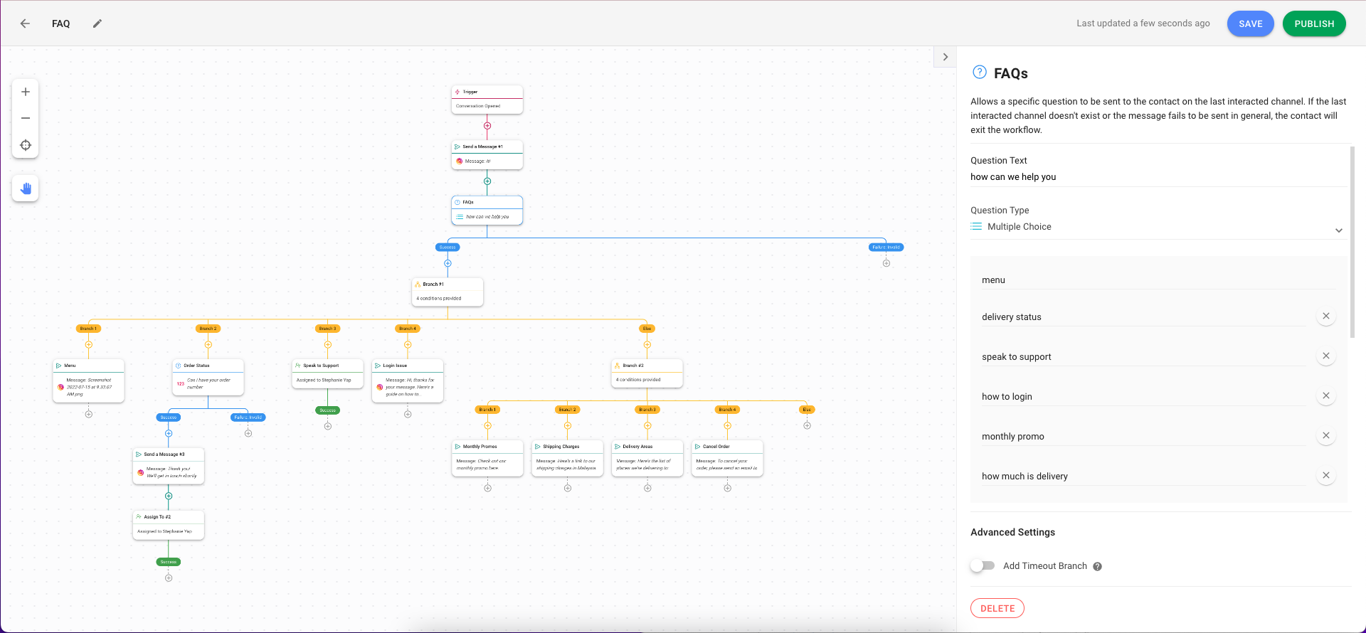 This is an image that describes how to automate responses with respond.io workflows. Businesses can set up to 10 FAQs and responses via multiple choice question step.