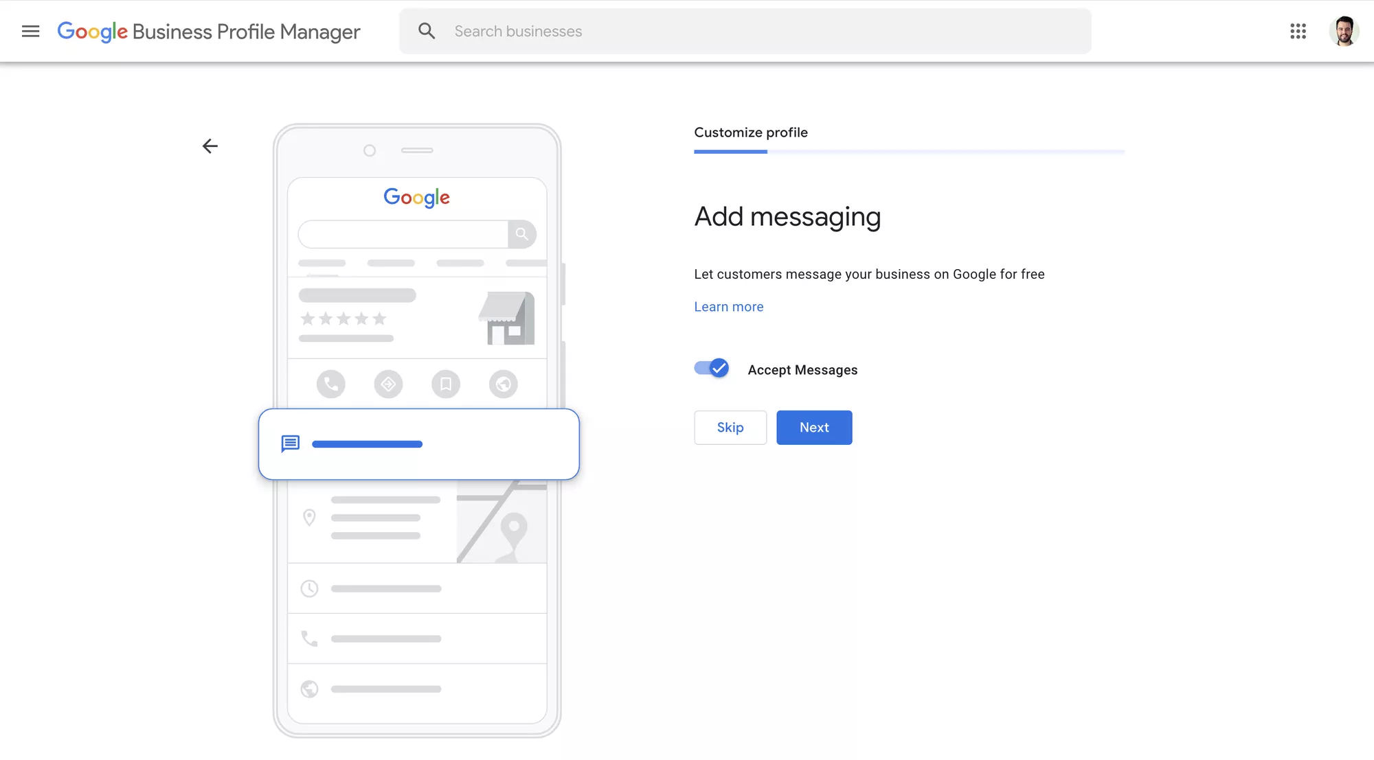 This image shows how to enable messaging to start receiving customer messages