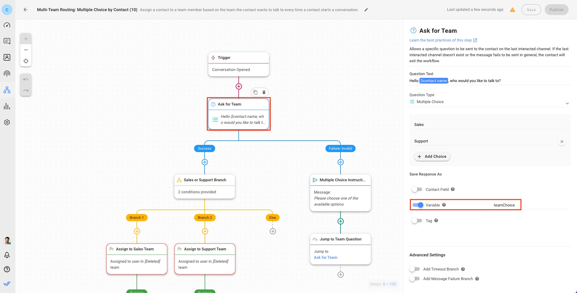 This image shows the second step to build a chat router with respond.io Workflows: Save the answer