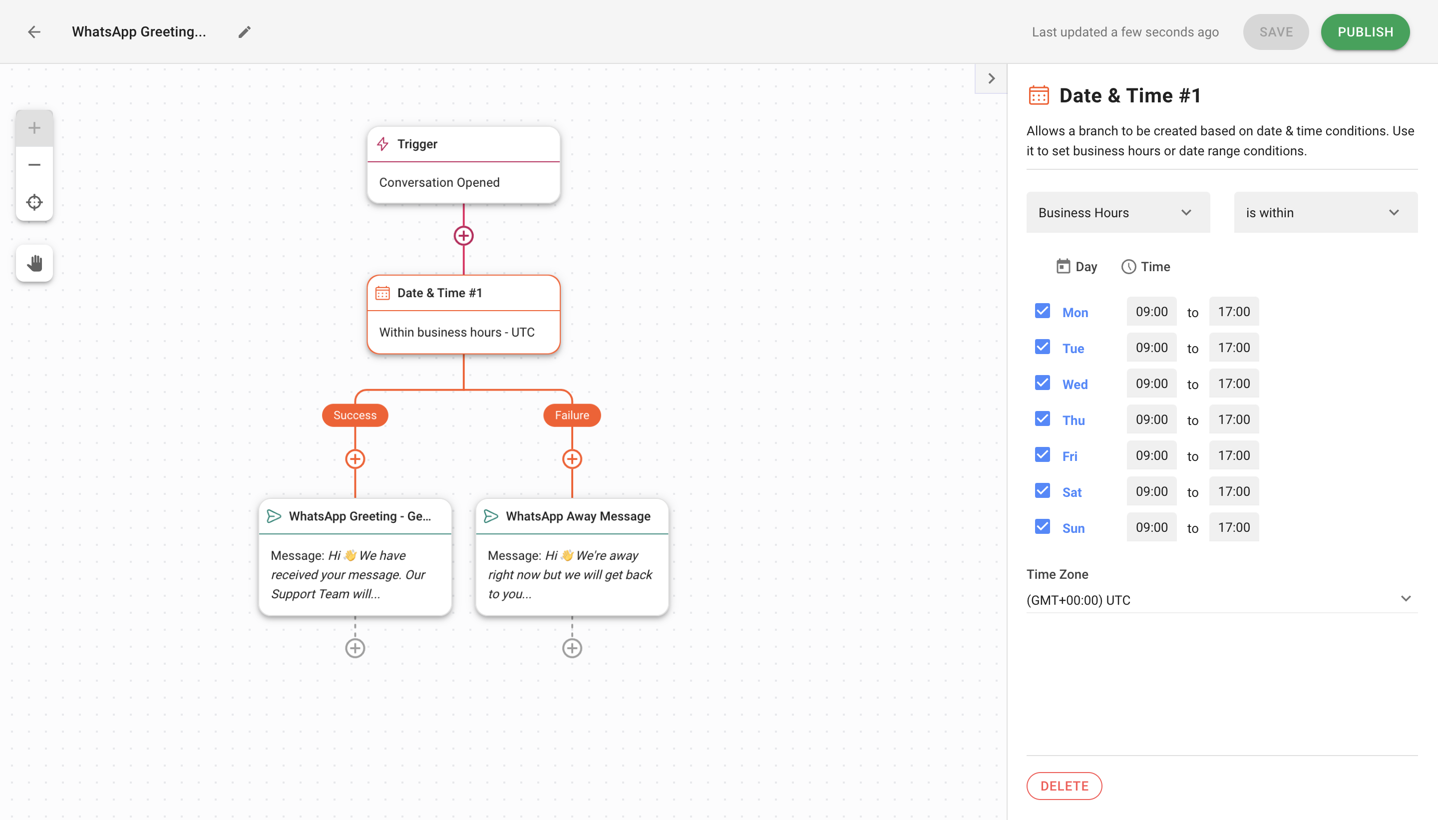 Define business hours  in the Date & Time Step to automate WhatsApp welcome or away messages