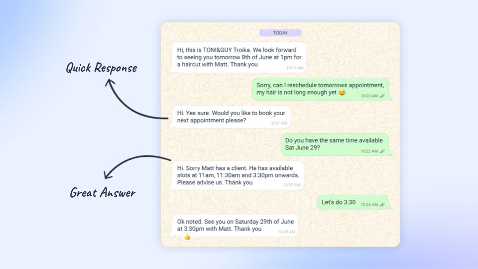 Here’s an example of a positive WhatsApp customer experience - a quick response and a great answer