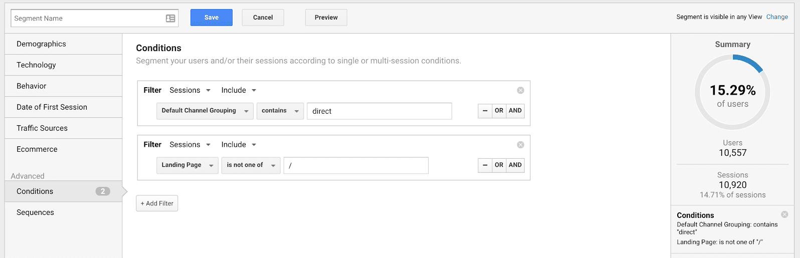 This image shows how your segment out the direct traffic that is landing on your home page on Google Analytics.