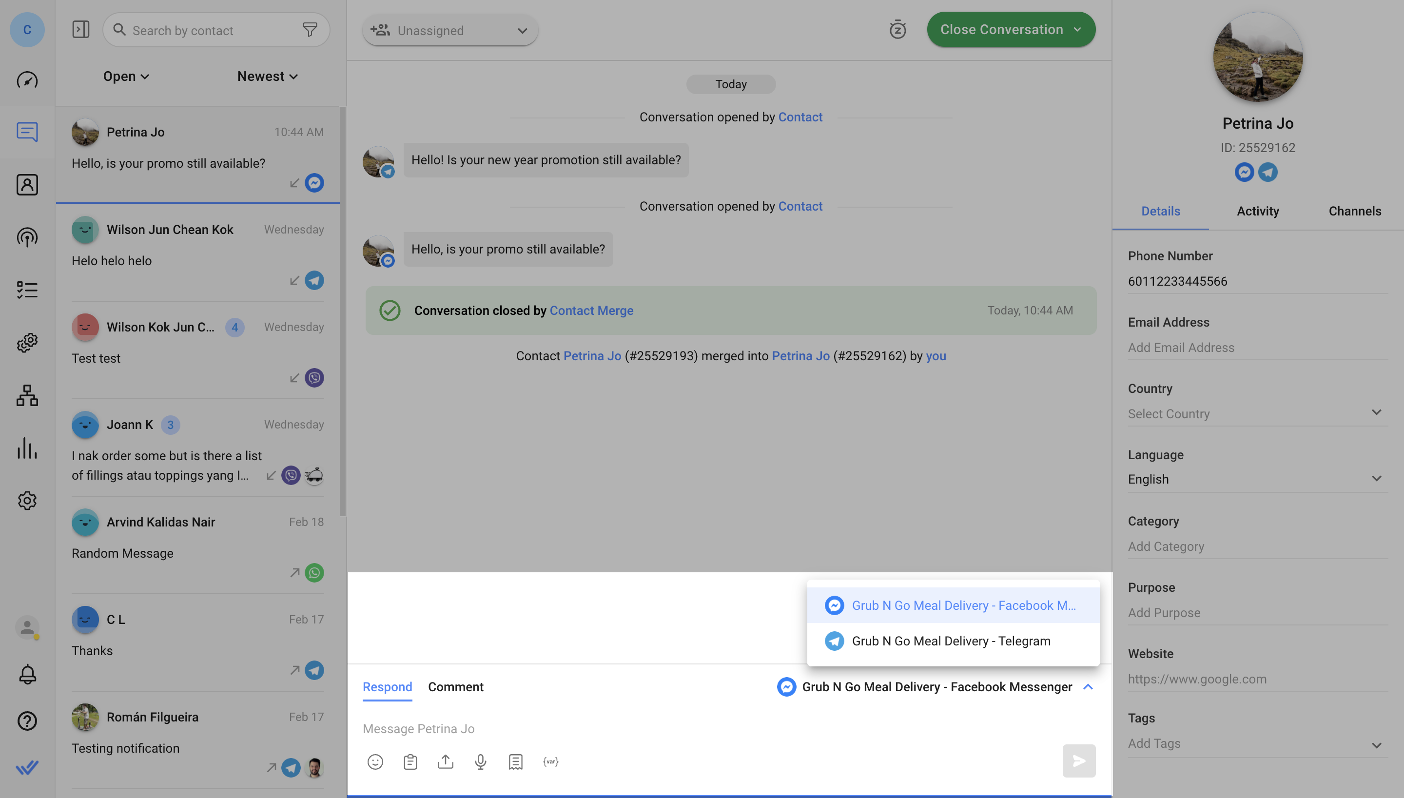 This is an image showing how respond.io retains all Channels linked to both Contact profiles after they are consolidated. The Channels can be accessed in the Channel Selector of the messaging console in the Messages Module.