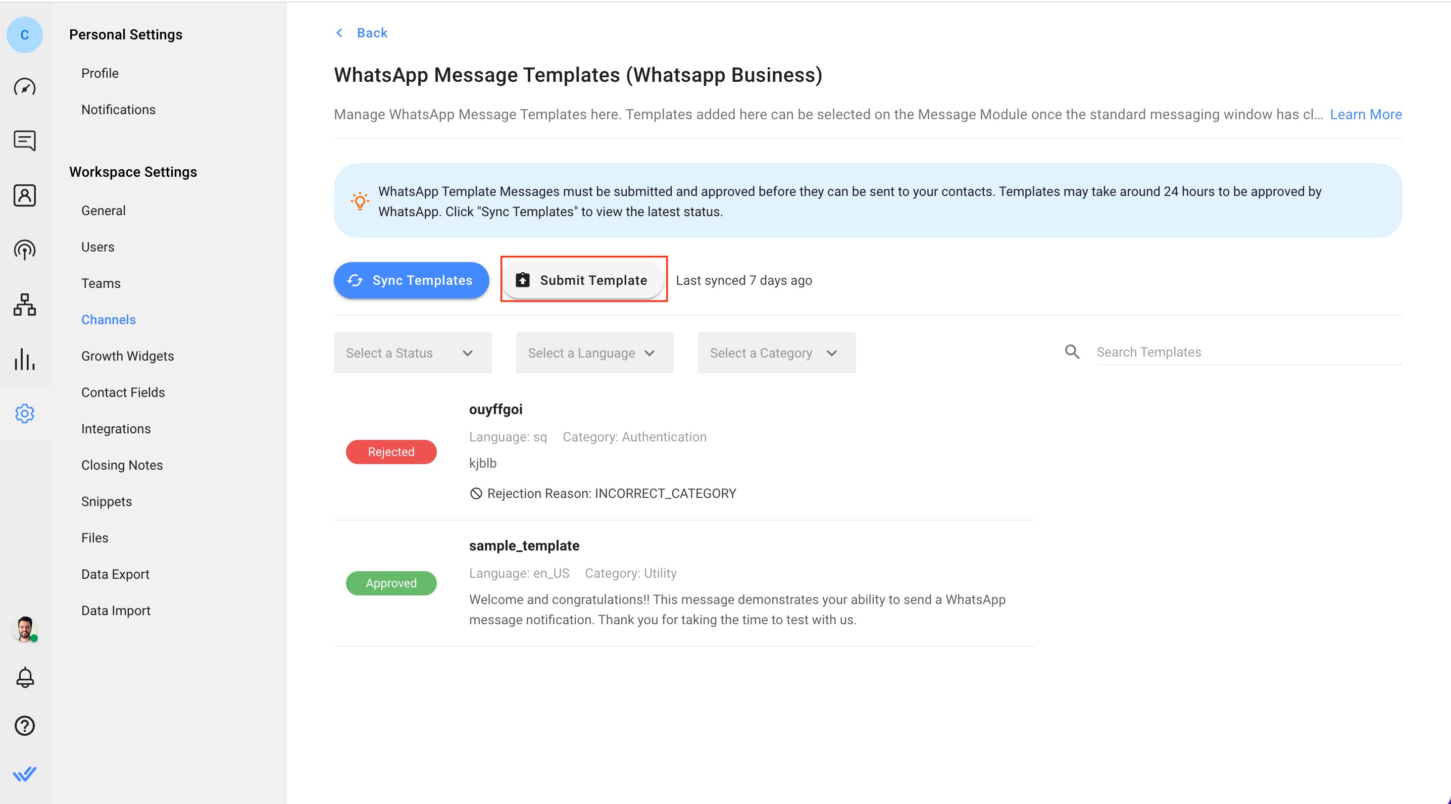 Click Submit Template to create a WhatsApp message template