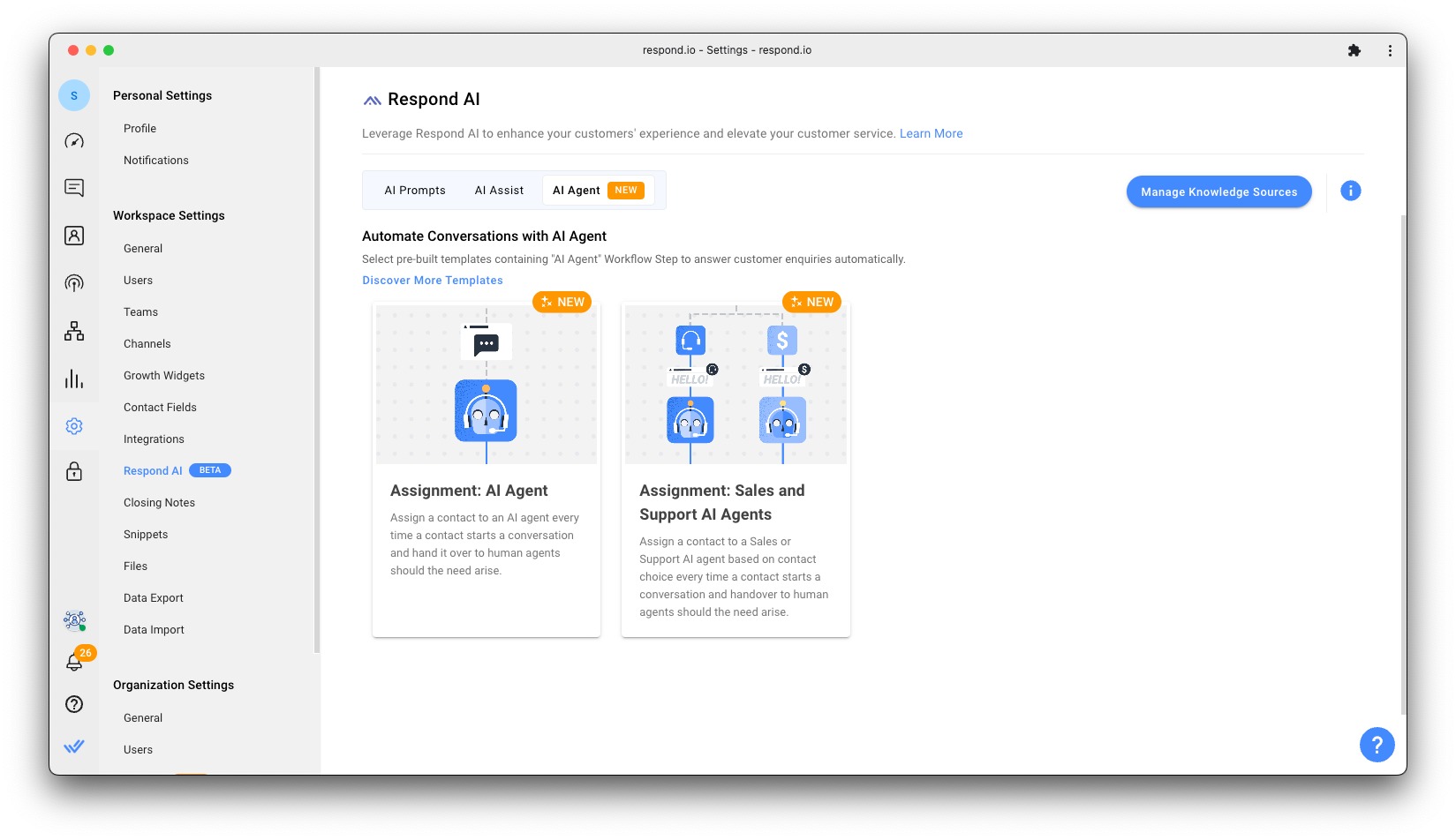 Screenshot of respond.io platform showing where to start using AI Agent with new Workflow Templates