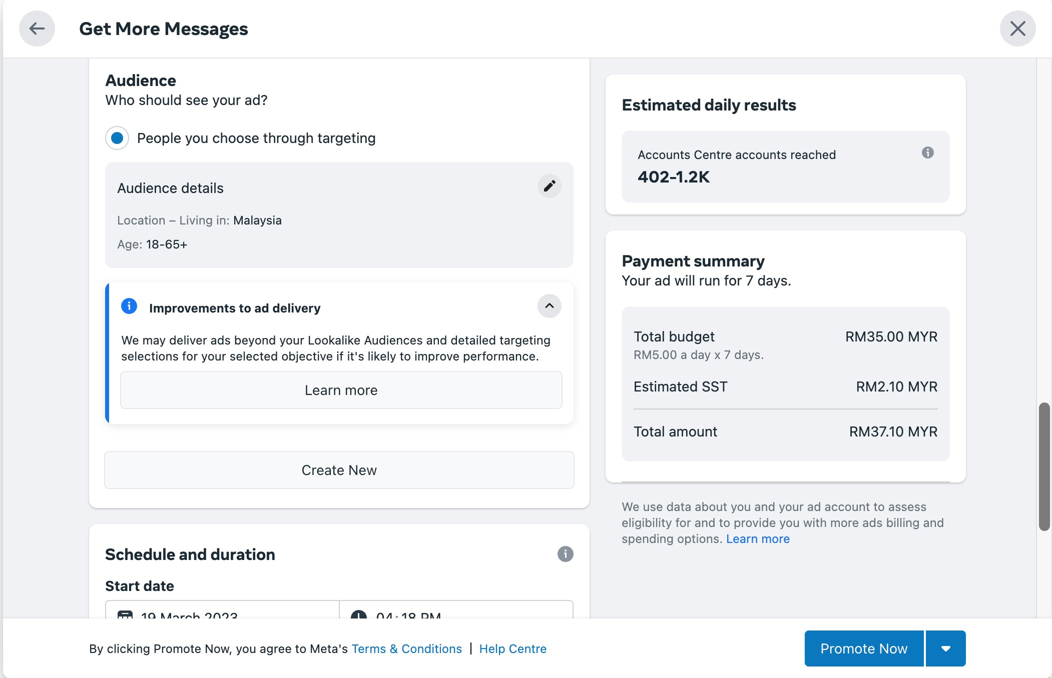 Define the target audience, schedule and duration for the ad