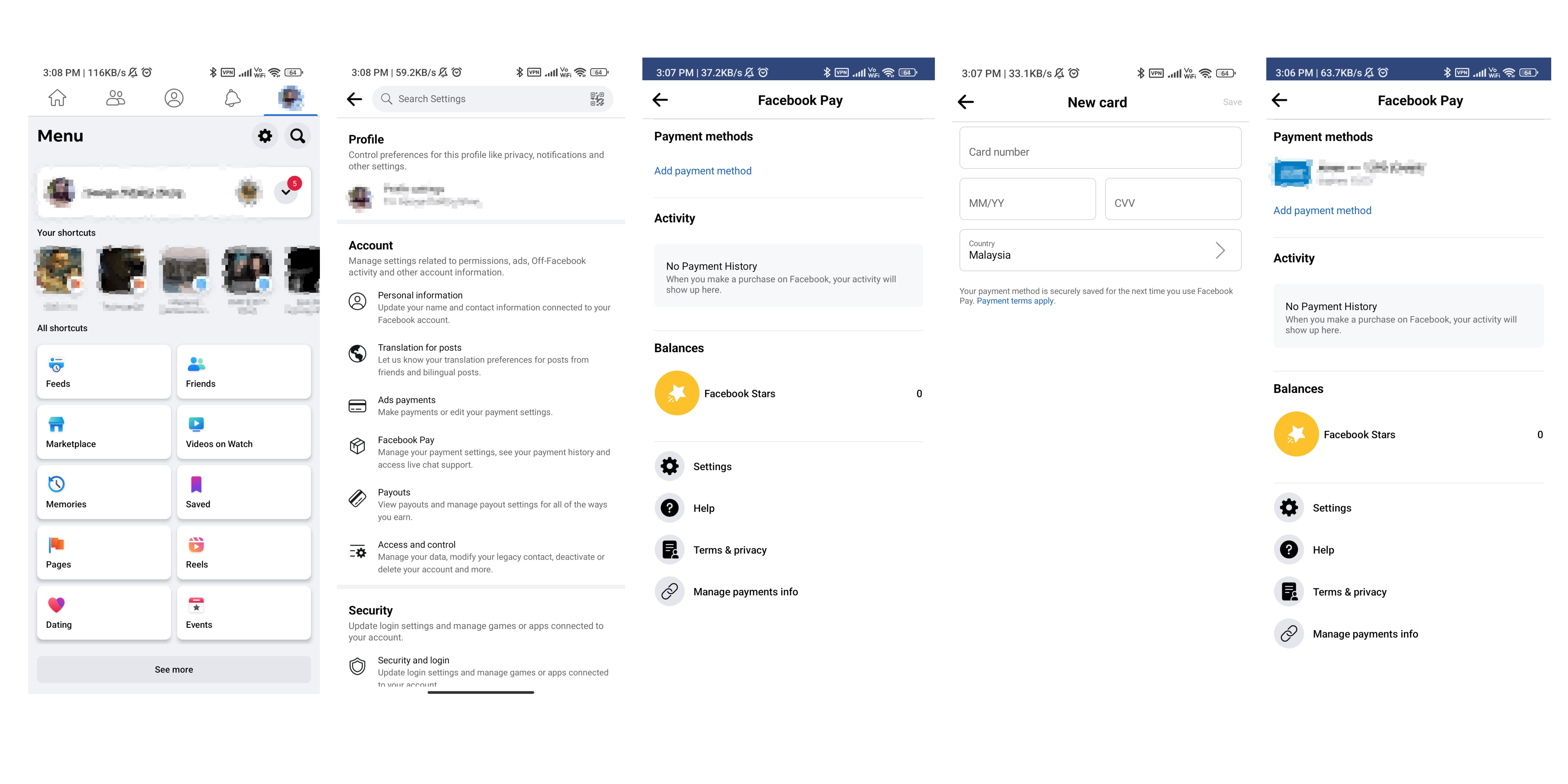 This image shows how to sign up for Facebook Pay using the Facebook app