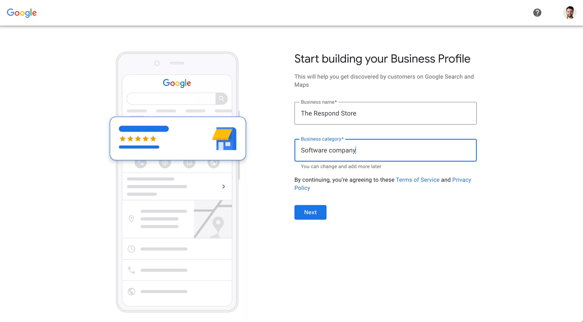 This image shows how to create a Google Business Profile. Start by entering your business name and your Google Business Profile categories. 