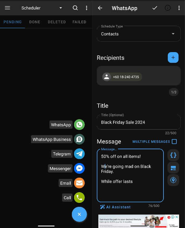 Screenshots of sending WhatsApp schedules messages on Android via SKEDit third-party scheduling app