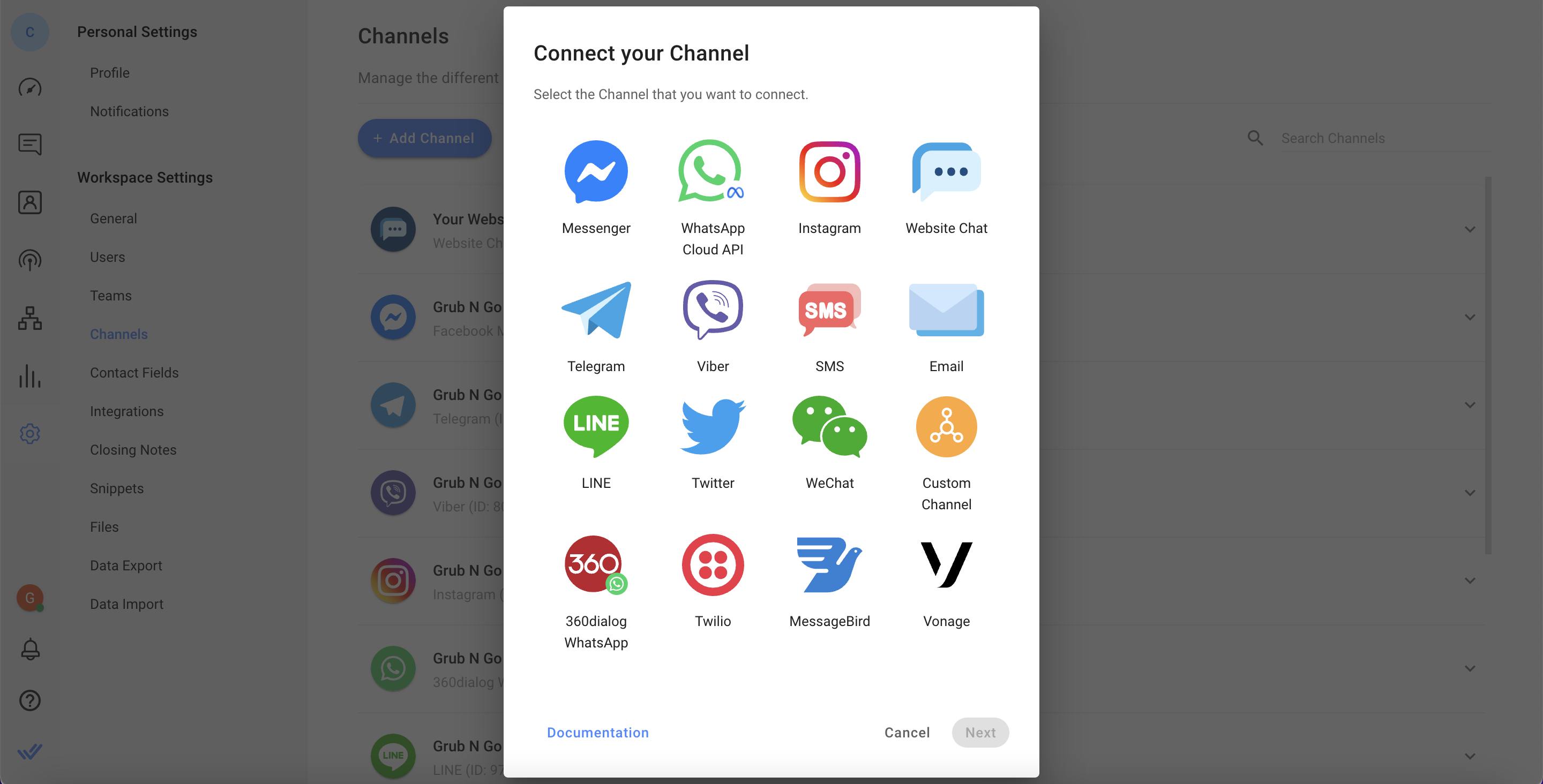 A screenshot of the various channels you can connect respond.io to