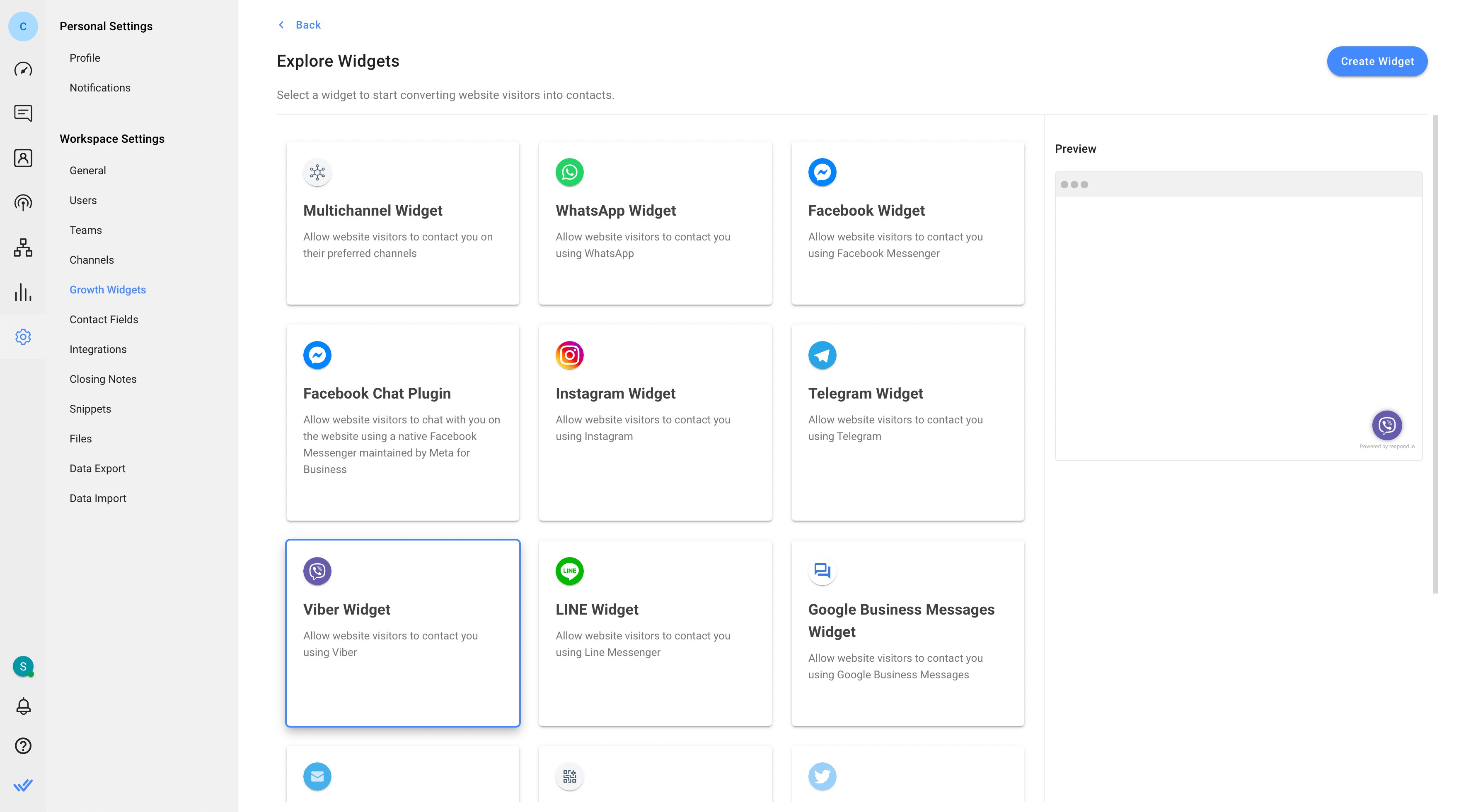 Respond.io omnichannel website widget supports a wide range of Channels