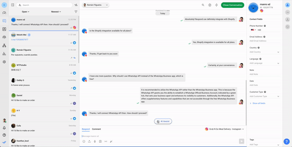 This GIF shows respond.io, a conversational artificial intelligence platform. With Respond AI, you can generate a suggested response at the click of a button. This response will be based on the latest customer interactions and the learnt knowledge sources.