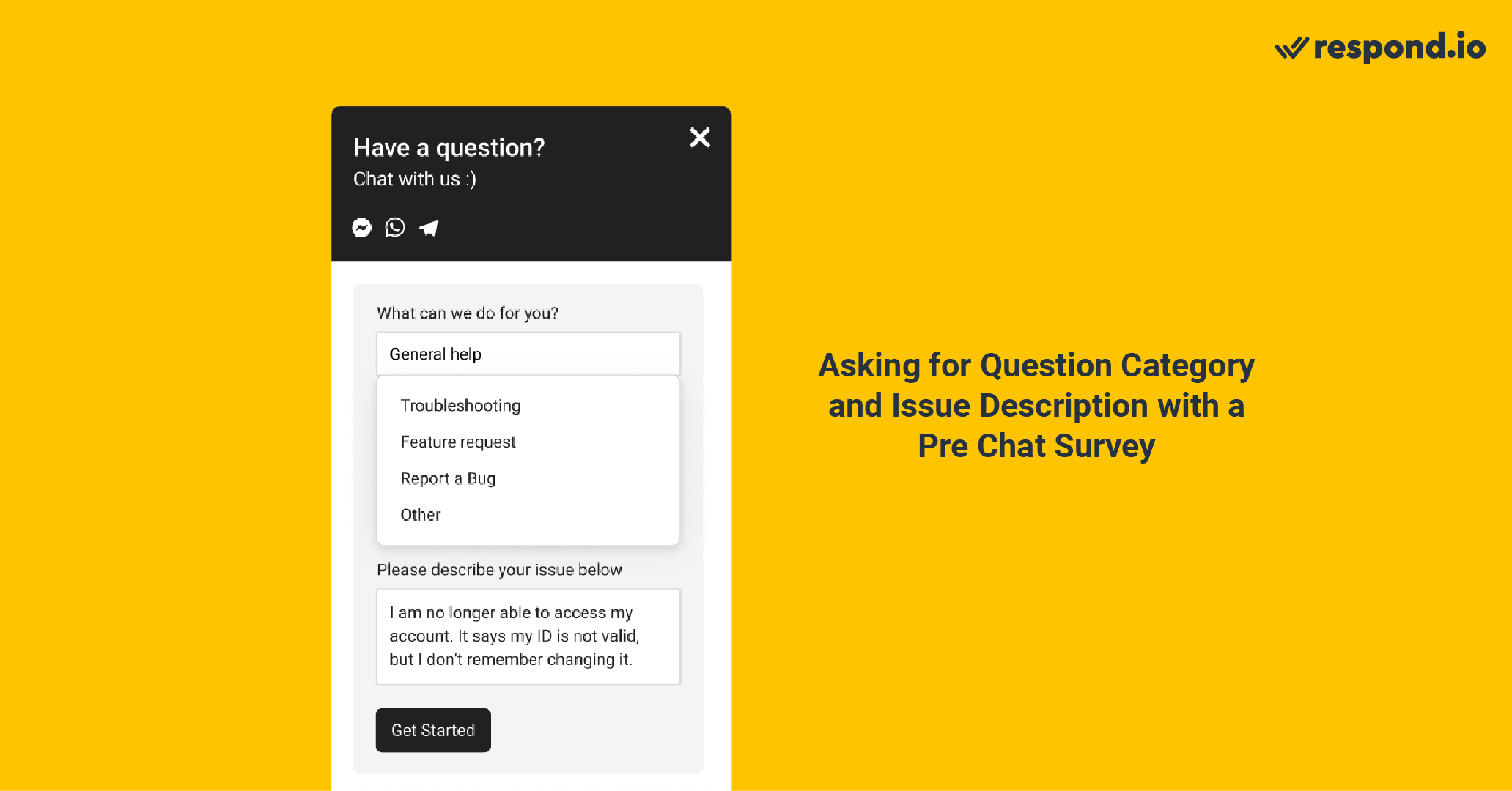 Pre chat form: Question category and issue description