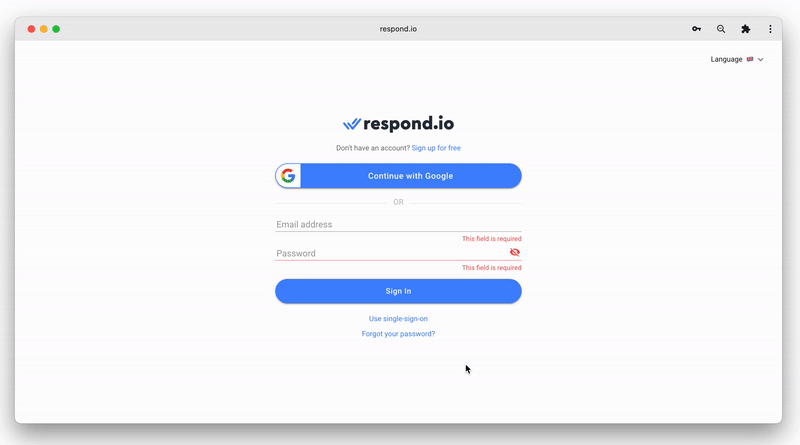 gif showing how to log in to respond.io with email or SSO