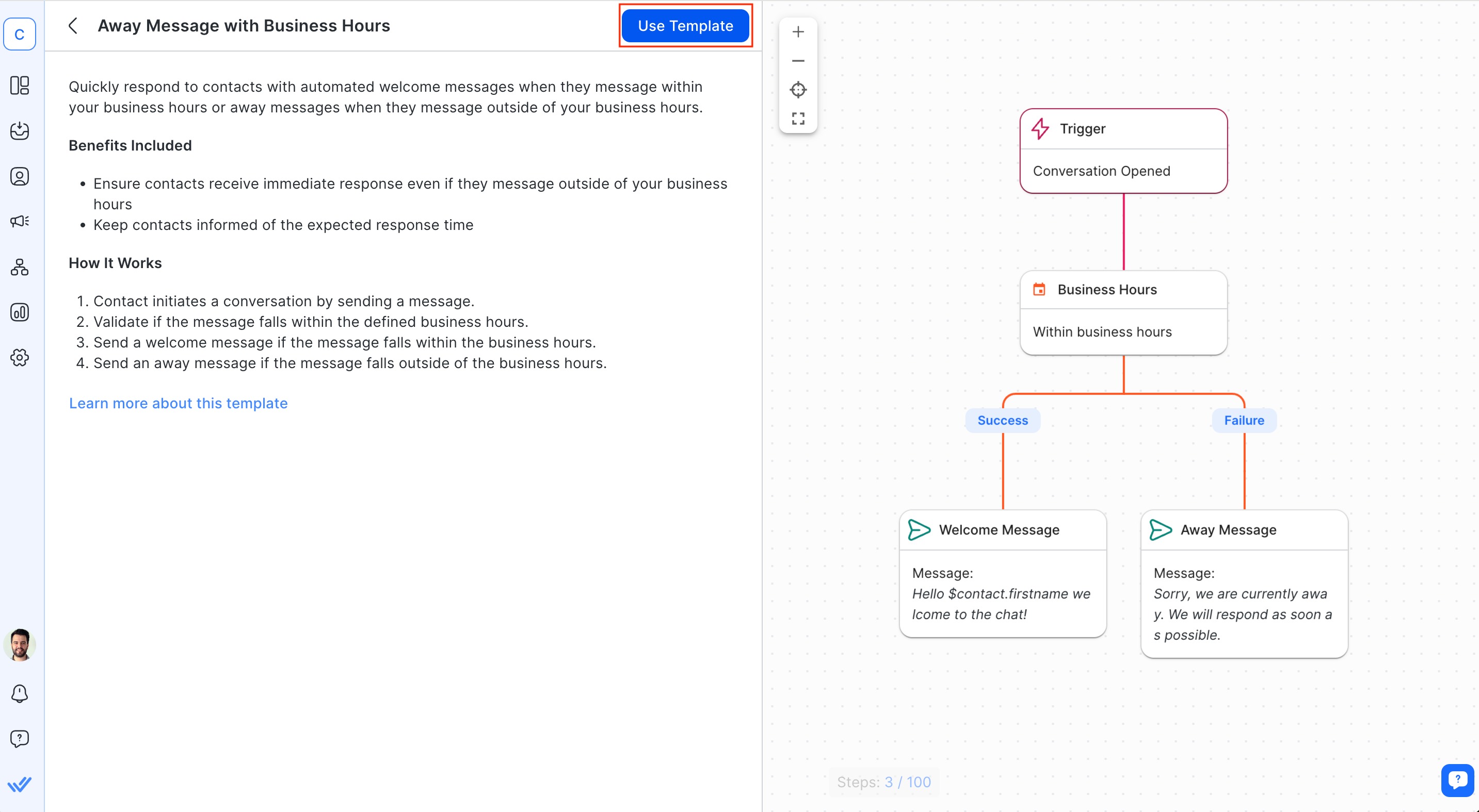 Respond.io auto reply for WhatsApp: Click Use Template