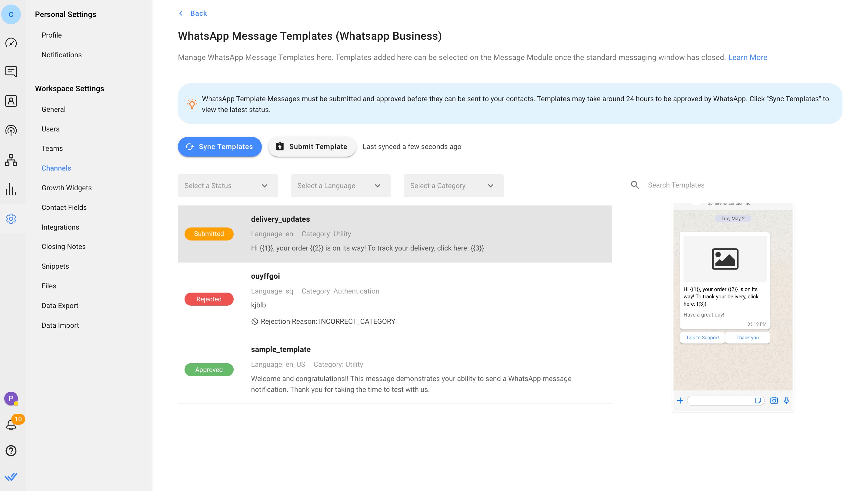 Sync template messages to refresh their status