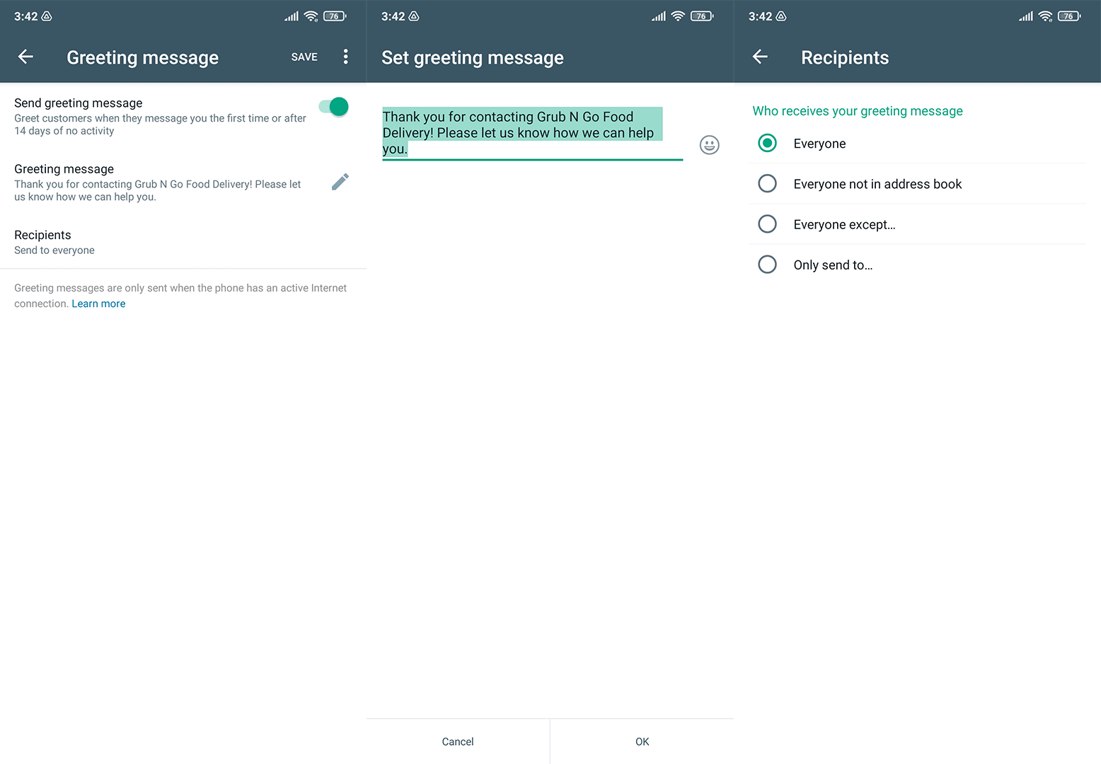 WhatsApp Business App greeting message