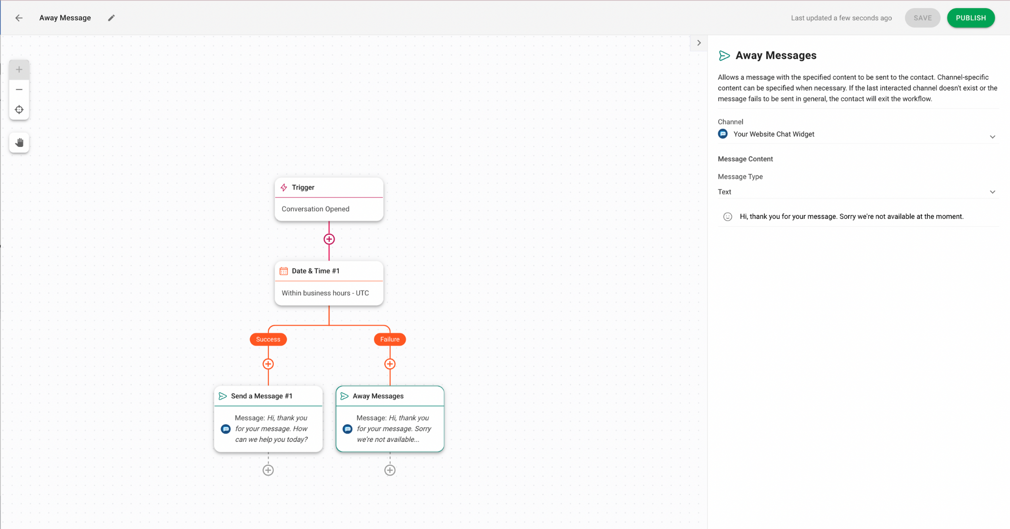 An example of how to automate Away Messages with respond.io’s Workflows