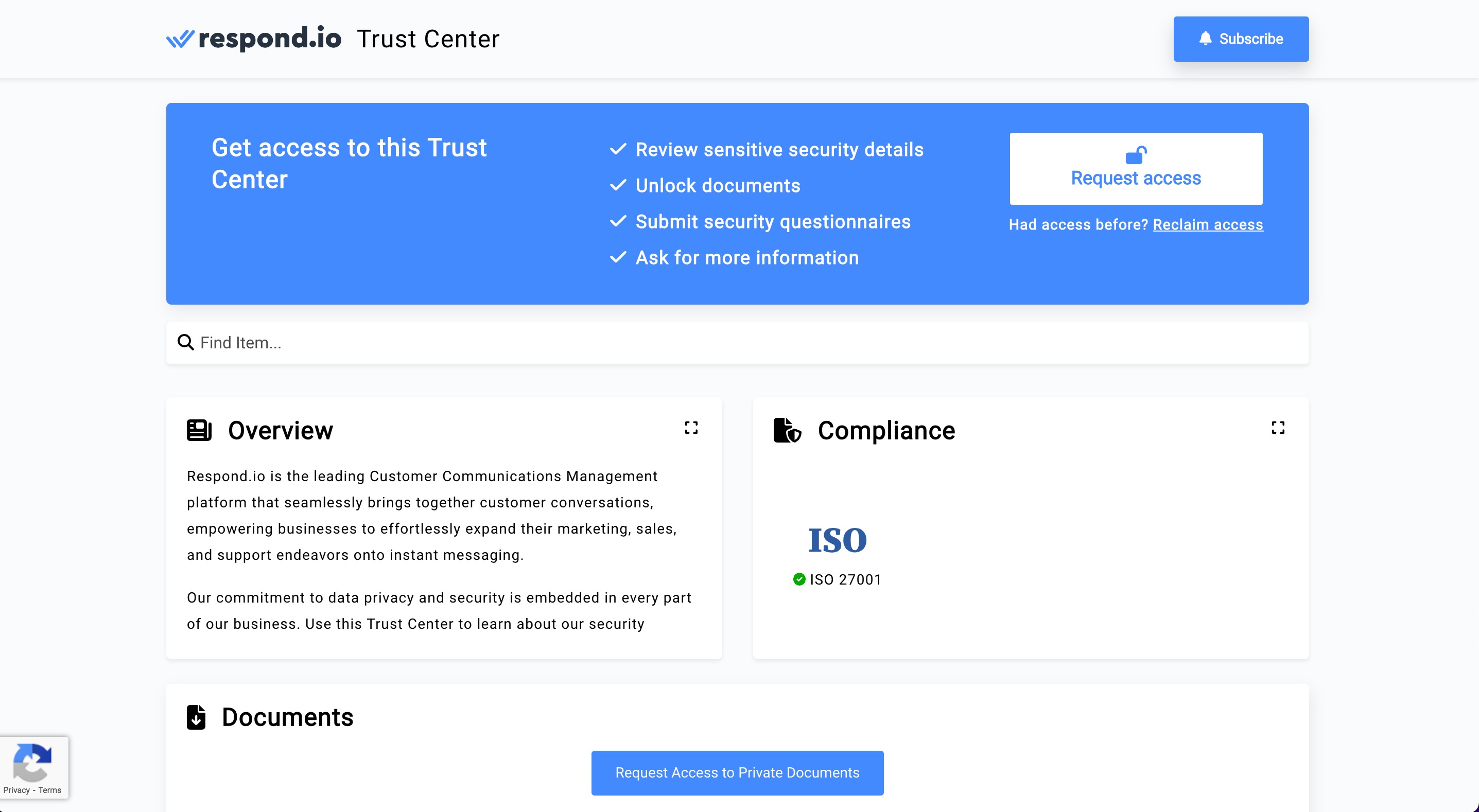 This image shows respond.io's Trust Center, where you can learn more about ISO 27001 compliance.