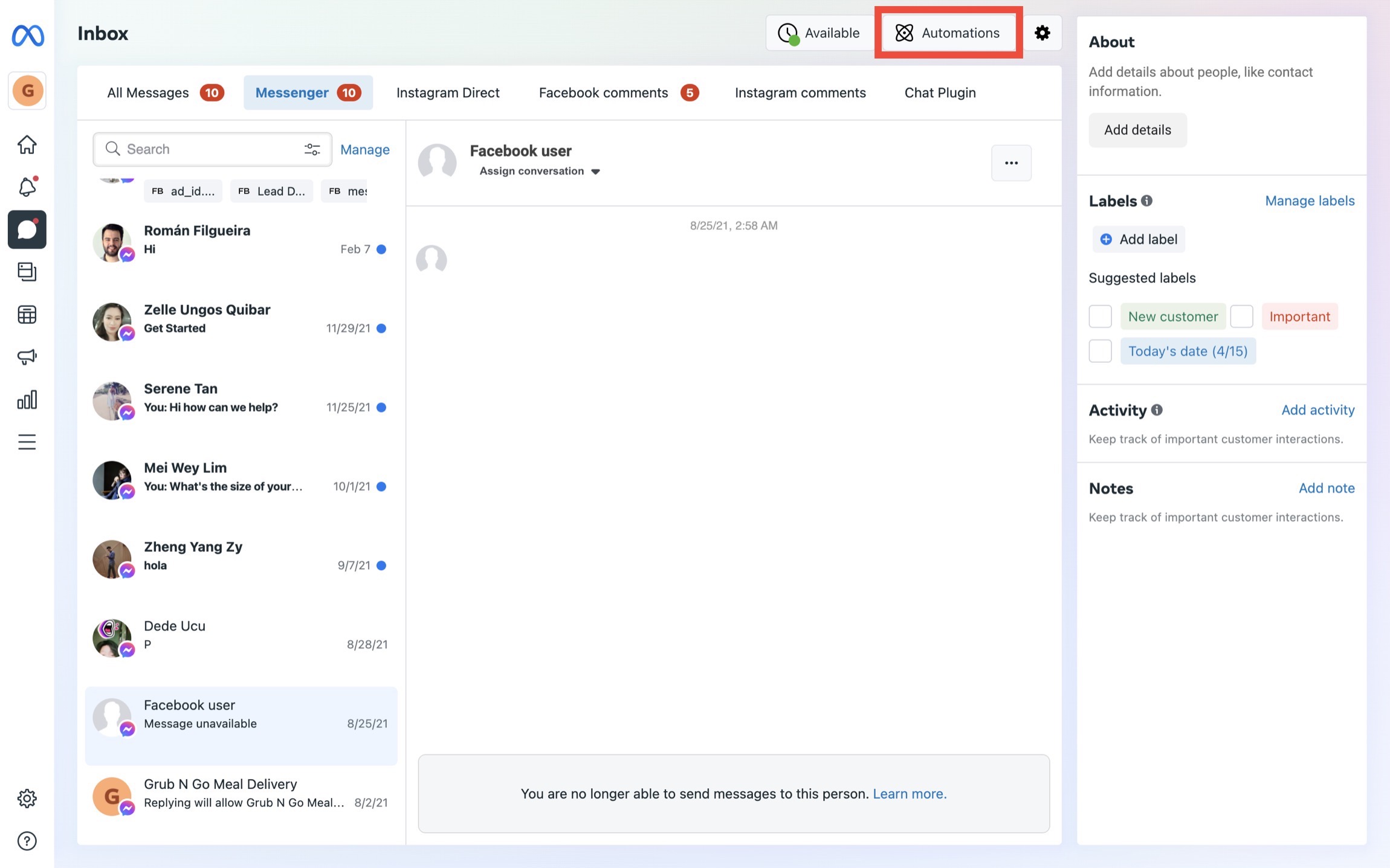 This is an image that illustrates the steps involved on creating Facebook Messenger auto reply or Facebook automated responses through Facebook Inbox. The second step to creating auto reply messenger facebook   is to Click on Automations. Check out the blog for more info on how to set auto reply in facebook messenger 2020. 