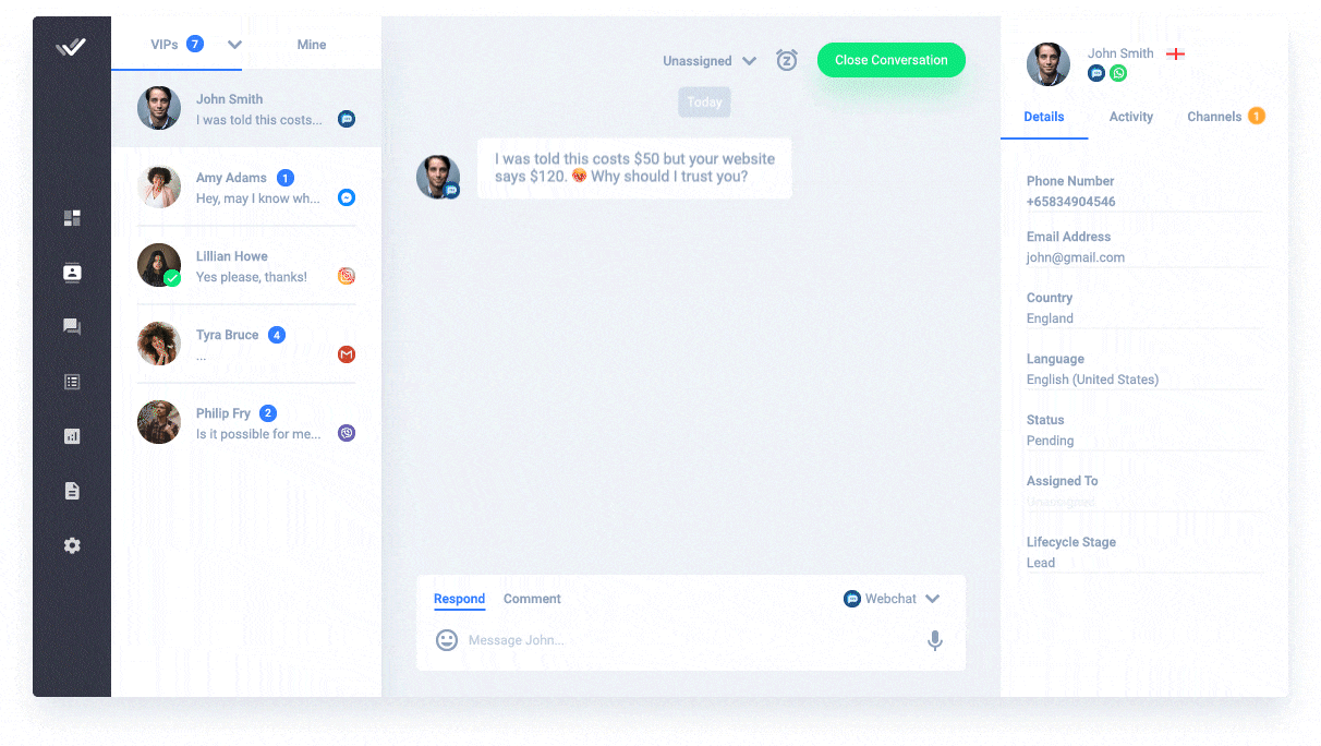 Conversation-led growth: Respond.io unifies your traditional and instant messaging channels into a single platform, simplifying conversation management. This ensures that your team has a unified hub to monitor and respond to inquiries across various channels, fostering consistency and efficiency in customer interactions.