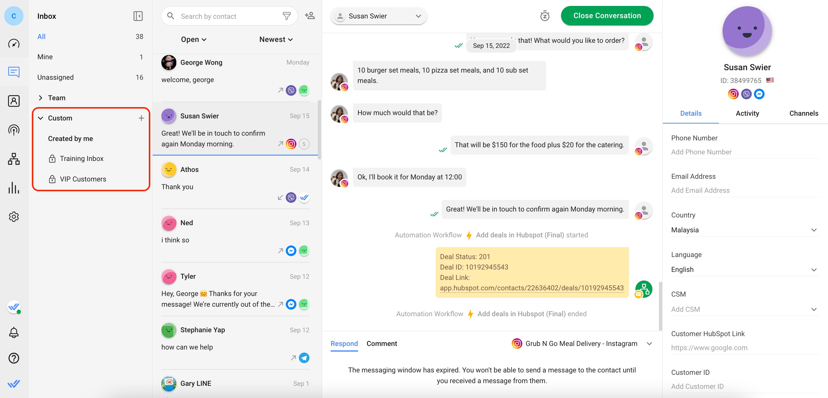 This is a screenshot that shows how a custom inbox looks like. Salespeople can use a custom inbox to prioritize VIP customers. It allows managers to filter and view high-value customer conversations, ensuring the best possible customer experience. This helps build strong relationships and increase customer loyalty.