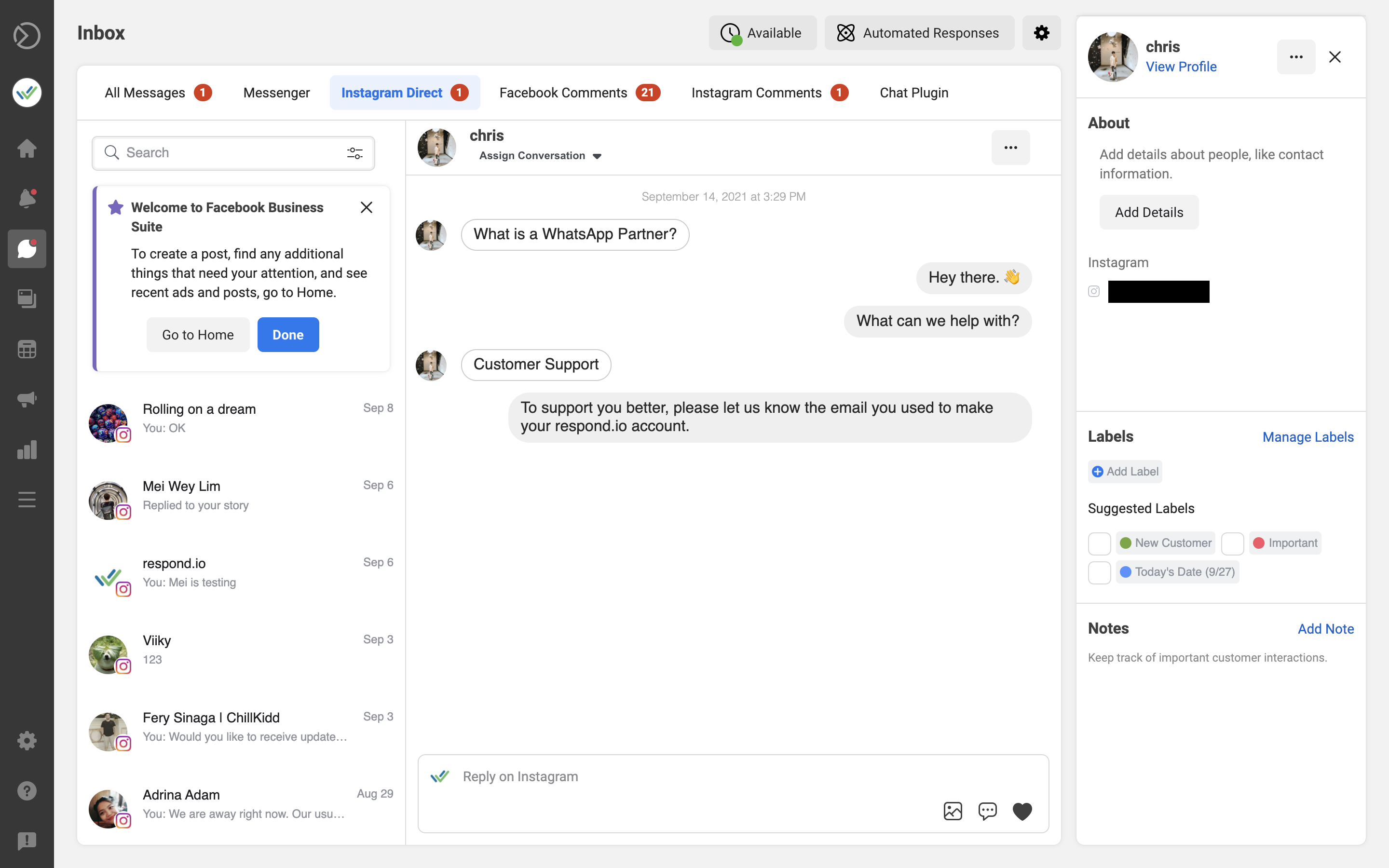 This is an image of Facebook Business Suite Inbox. Facebook Business Suite Inbox is designed for small-medium businesses that receive a higher volume of DMs. Like Instagram Message Inbox, Facebook Business Suite Inbox is free to use but involves a more complex setup process. The Facebook Business Suite Inbox comes with additional management tools such as manual Contact assignment, Labels, and Notes. Additionally, you can mark Instagram messages as Done or Follow Up for a more organized inbox.
