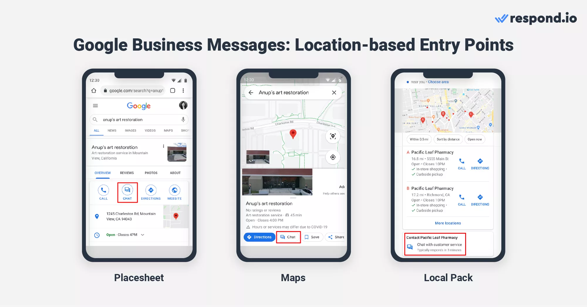 This image shows the Business Messages Google location-based entry points: Placesheet, Maps and Local Pack. They are beneficial for businesses to help new customers in the area discover them and generate Google Business Profile Messages.