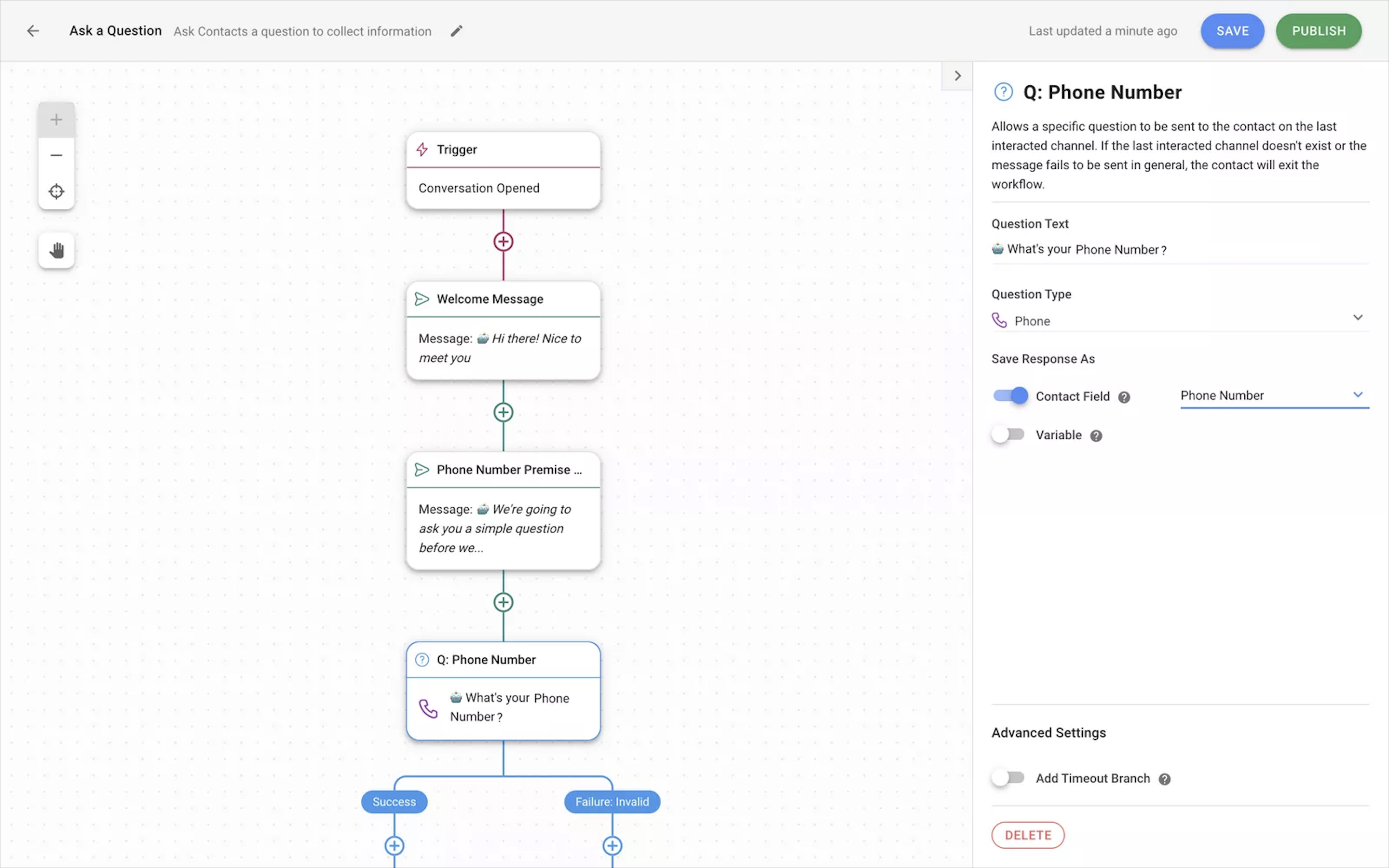 This is an image on how to ask a Phone Number Question in a respond.io’s Workflow. Phone Number Questions are designed to collect phone numbers from customers. It’s akin to Ian iteractive data collection form. An acceptable answer to a Phone Number question would contain the country and area codes. To enable Automated Data Capture, you should save the phone number received in the Phone Number Field. 