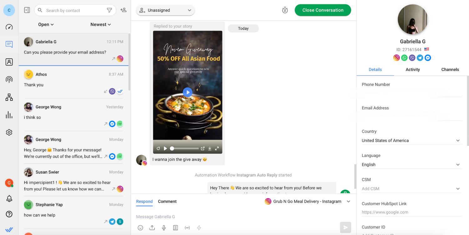 Best CRM for Instagram: Example of Instagram Story reply on respond.io