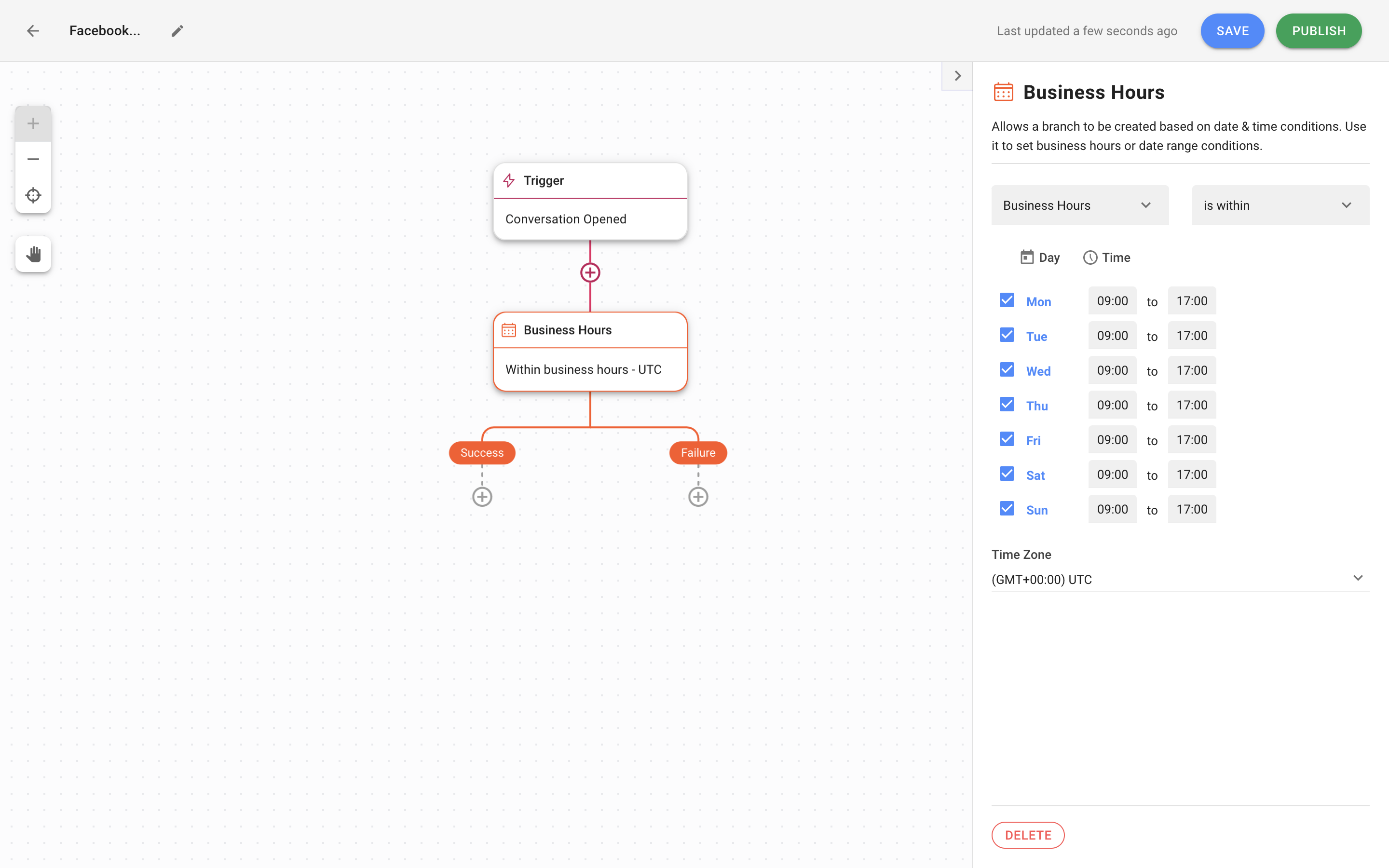 This is an image showing how to auto reply on facebook messenger using respond.io.  Add a Date & Time Step and define your business hours. Check out the blog for more facebook messenger auto reply examples for business, and to learn more about facebook messenger auto reply personal account.