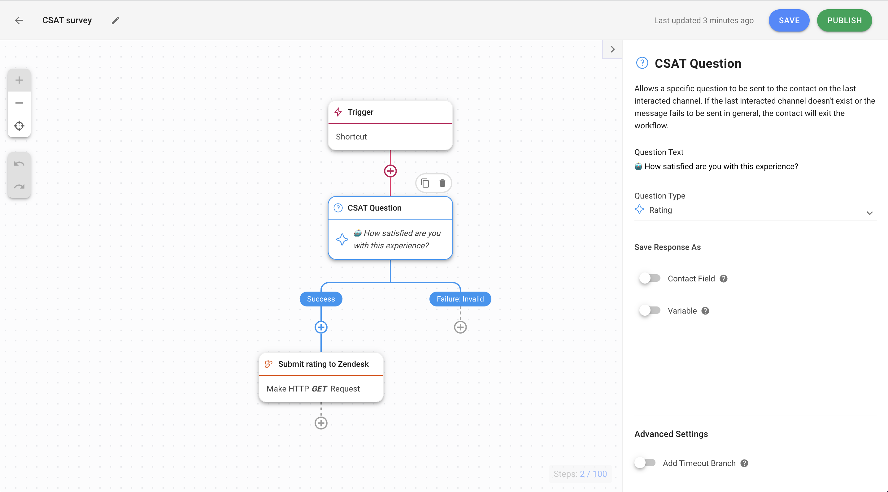 This image shows a CSAT survey built with respond.io Workflows for WeChat support teams