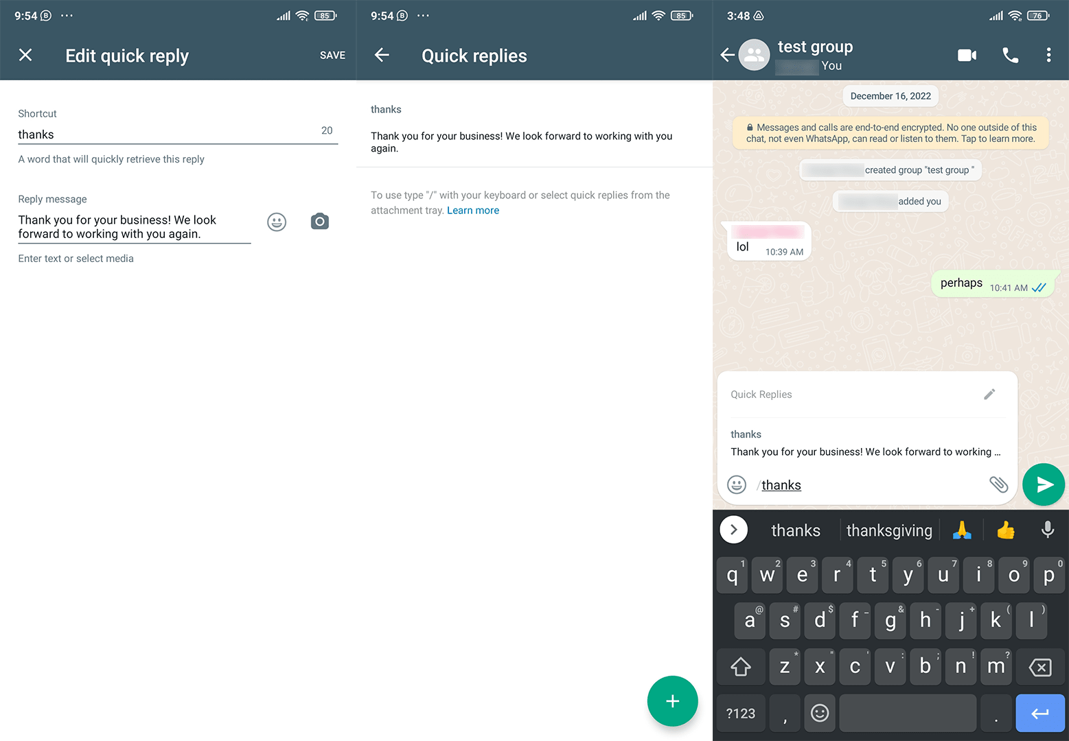 WhatsApp Business App quick replies