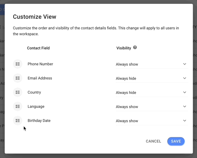 Reorder fields in the Contact Drawer