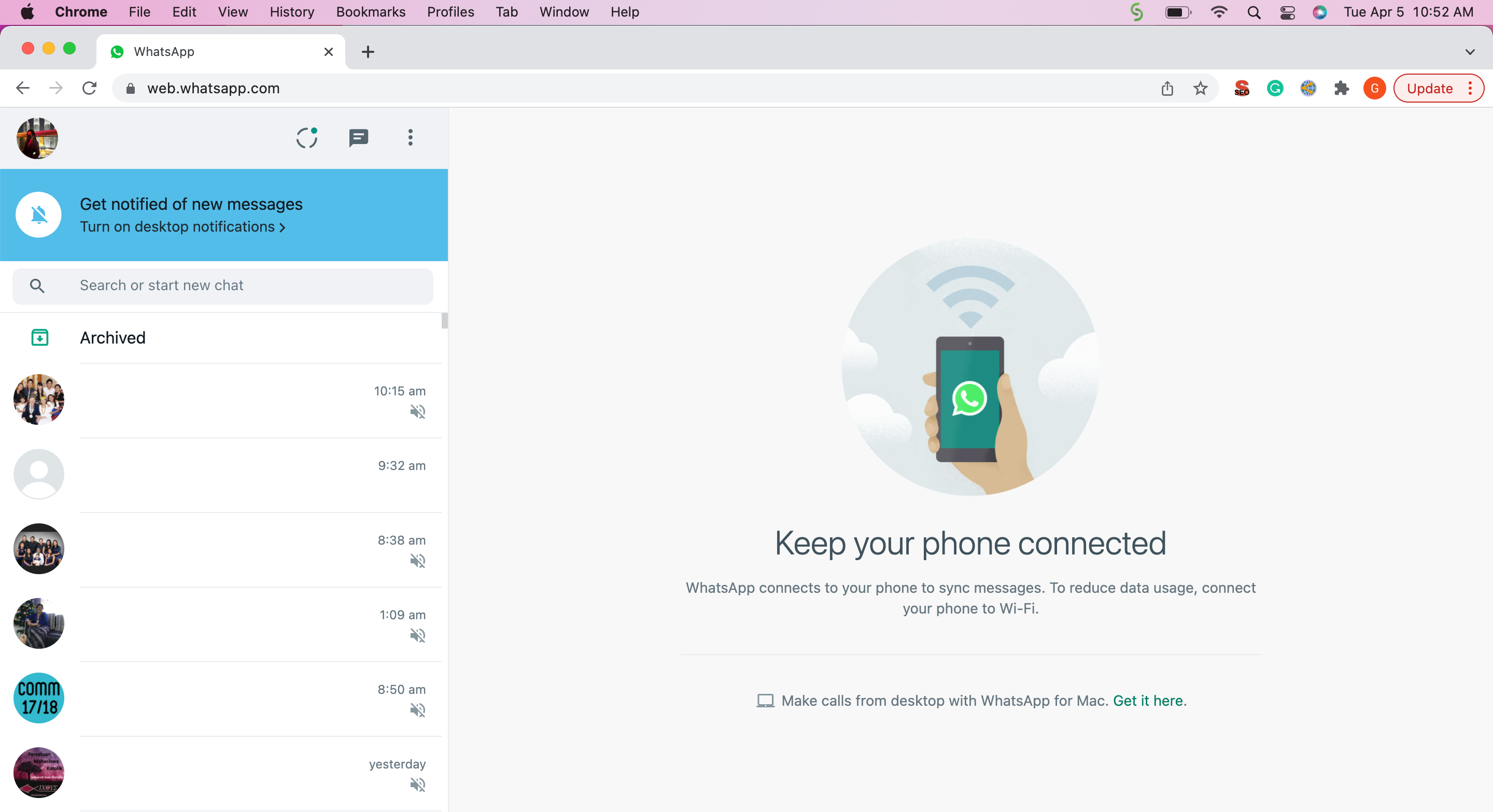 Access WhatsApp on computer: Interface on your browser once your phone is connected